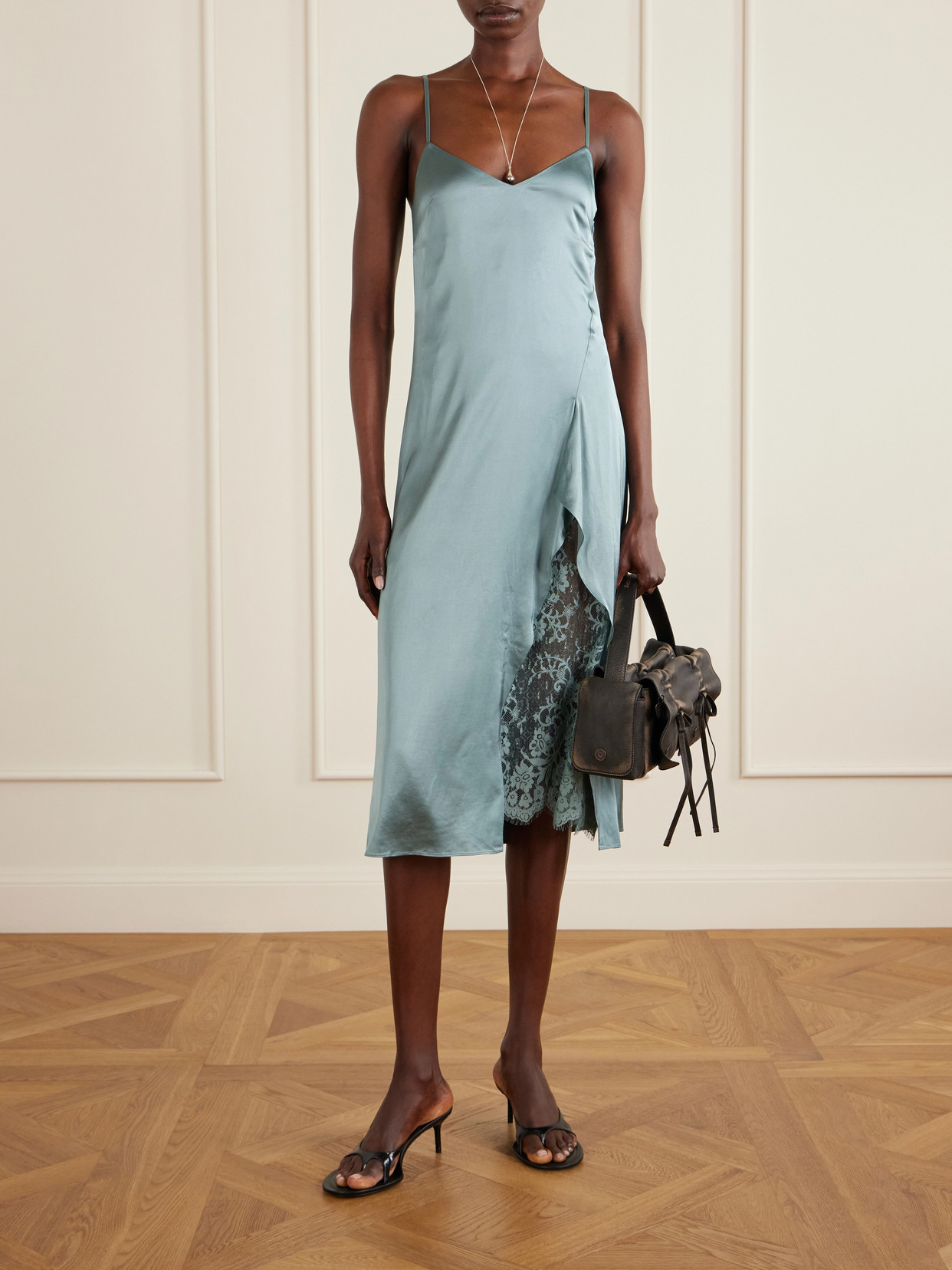 Acne Studios Satin Midi Dress With Lace Inserts In Blue