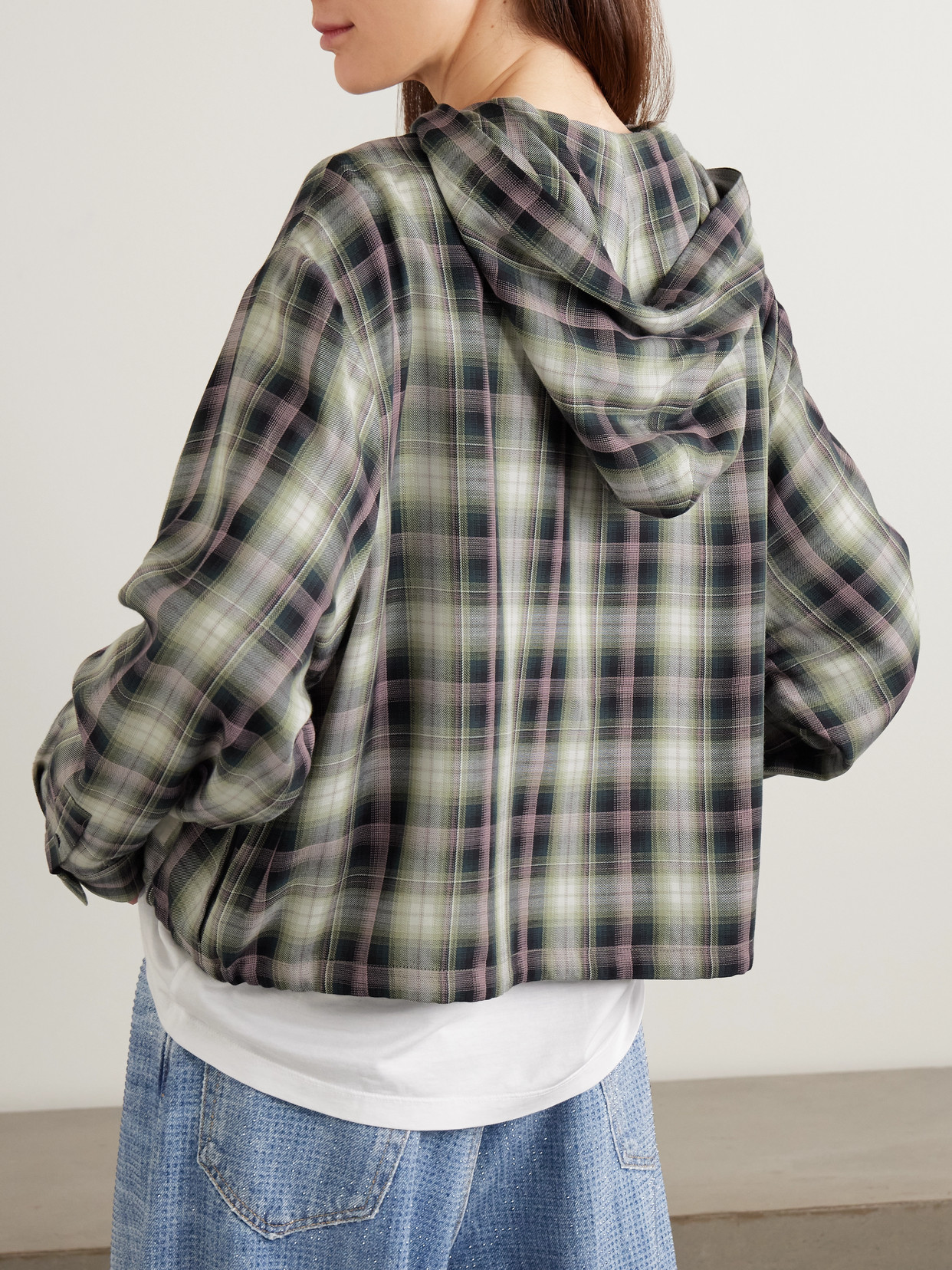 Acne Studios Hooded Nylon Silk Jacket Checked Pattern In Multi