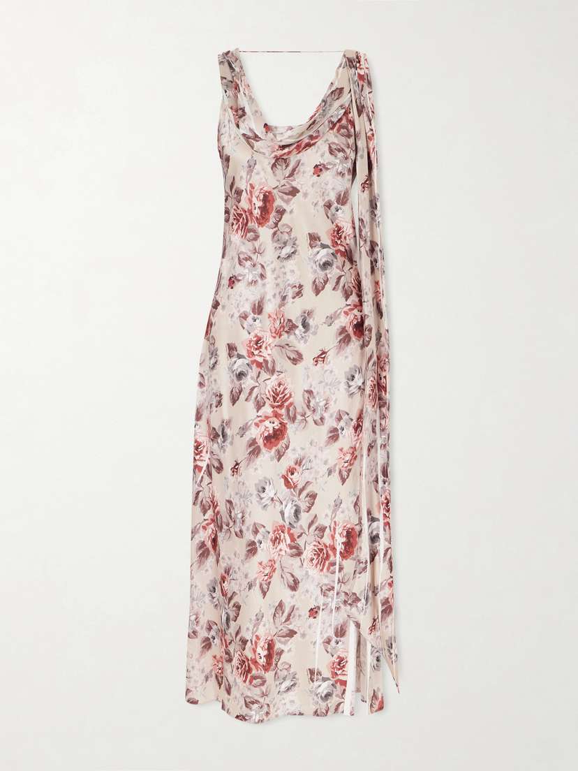 Acne Studios Tie-detailed Draped Floral-print Satin Midi Dress