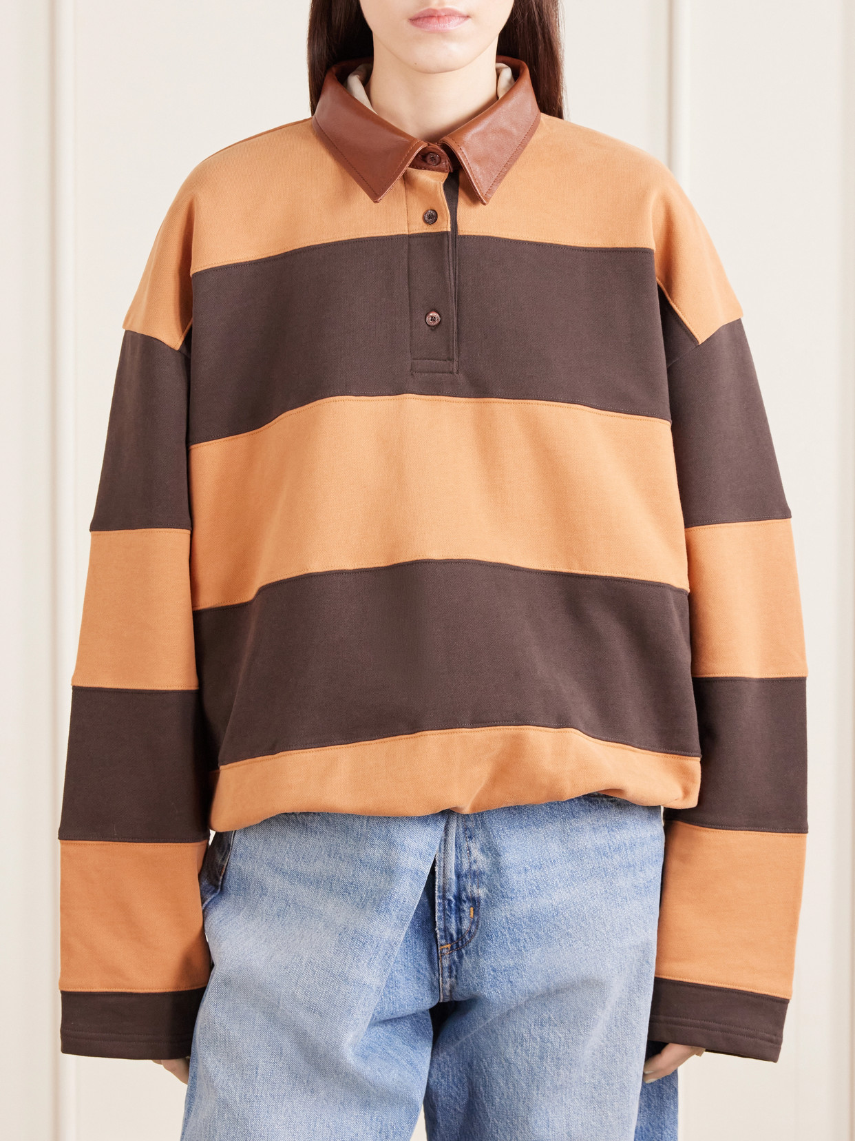 Folio Leather-Trimmed Striped Cotton-Jersey Sweatshirt