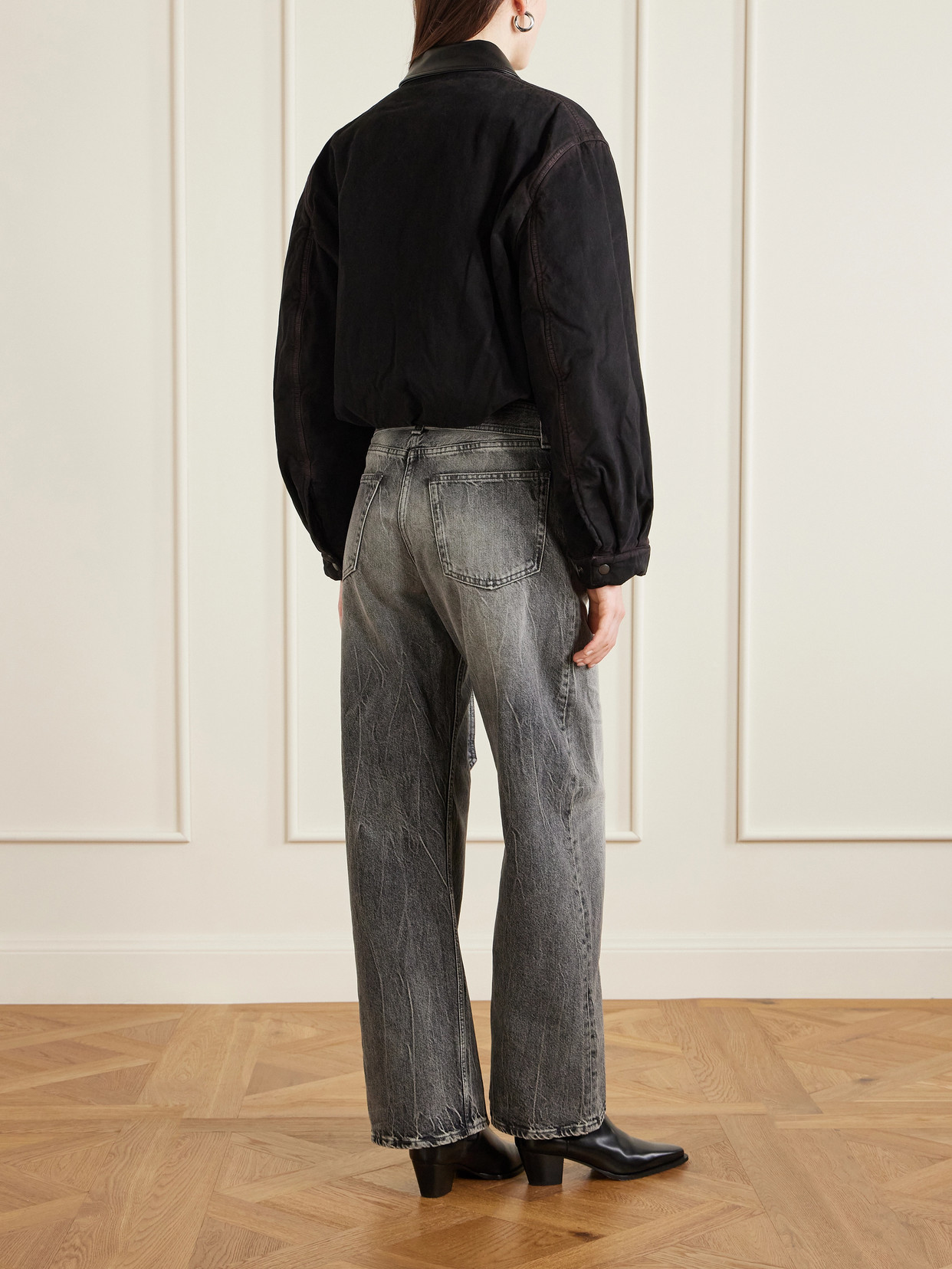 Acne Studios Appliquéd Leather-trimmed Distressed Cotton-twill Jacket In Black