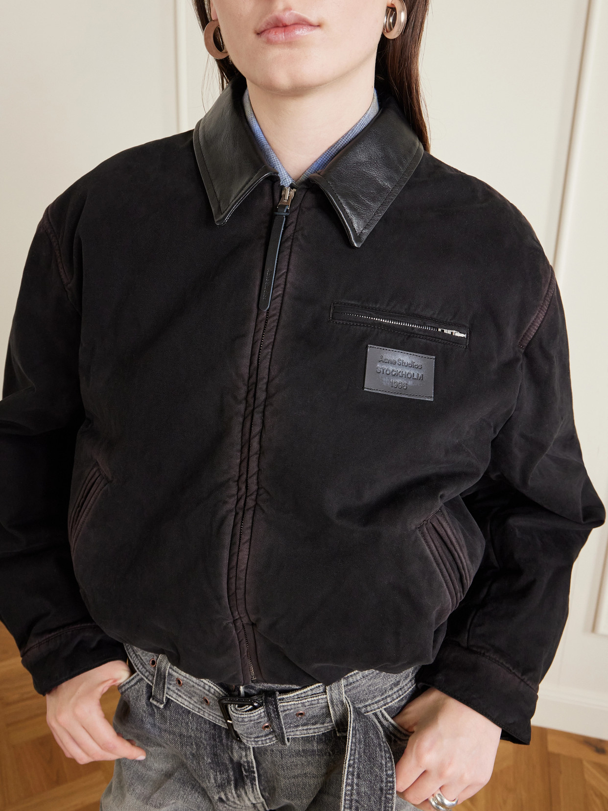 Acne Studios Appliquéd Leather-trimmed Distressed Cotton-twill Jacket In Black