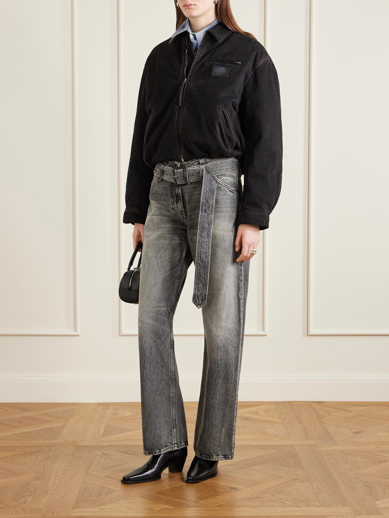 Acne Studios Appliquéd Leather-trimmed Distressed Cotton-twill Jacket In Black