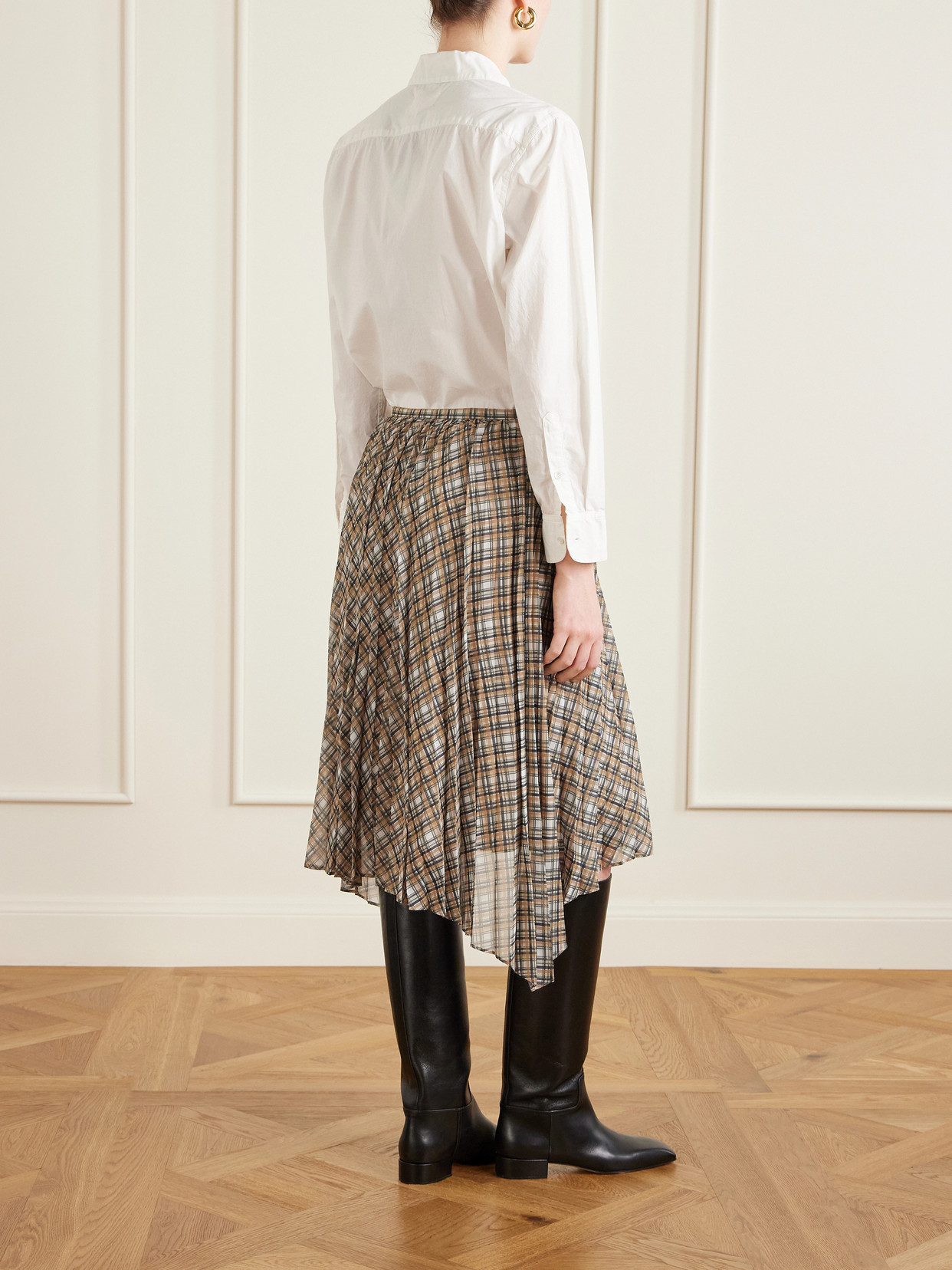 Asymmetric Pleated Checked Chiffon Midi
