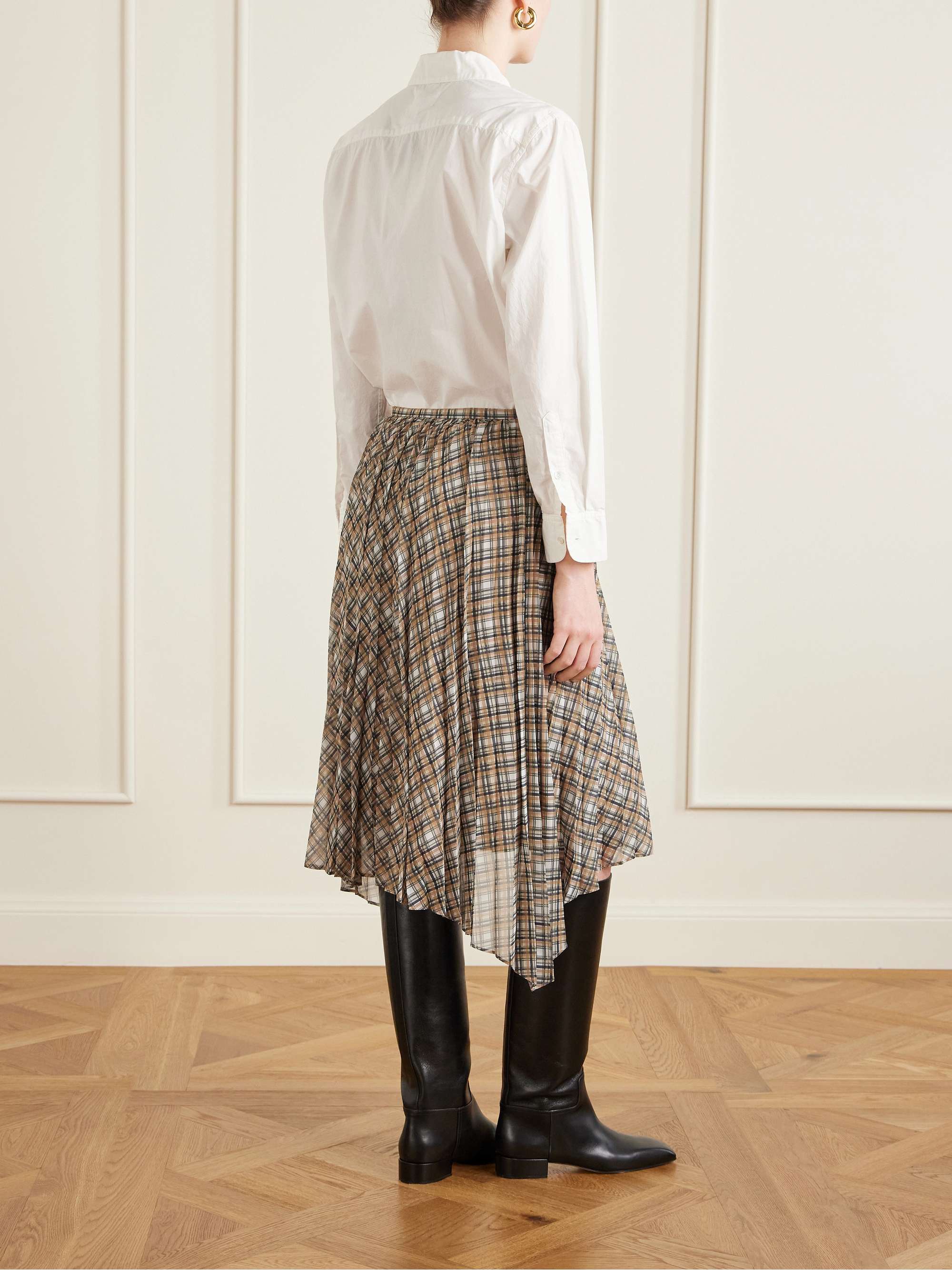 ACNE STUDIOS Asymmetric pleated checked chiffon midi skirt | NET-A