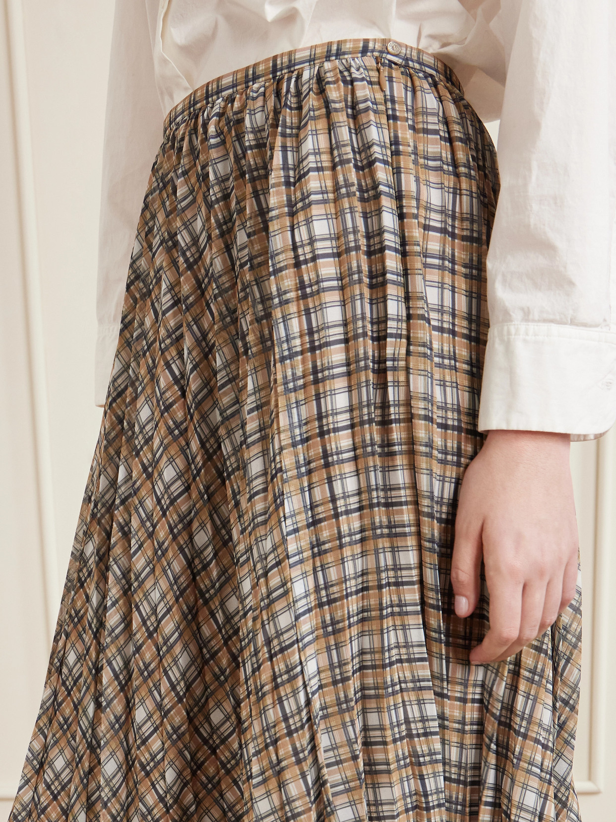 Asymmetric Pleated Checked Chiffon Midi