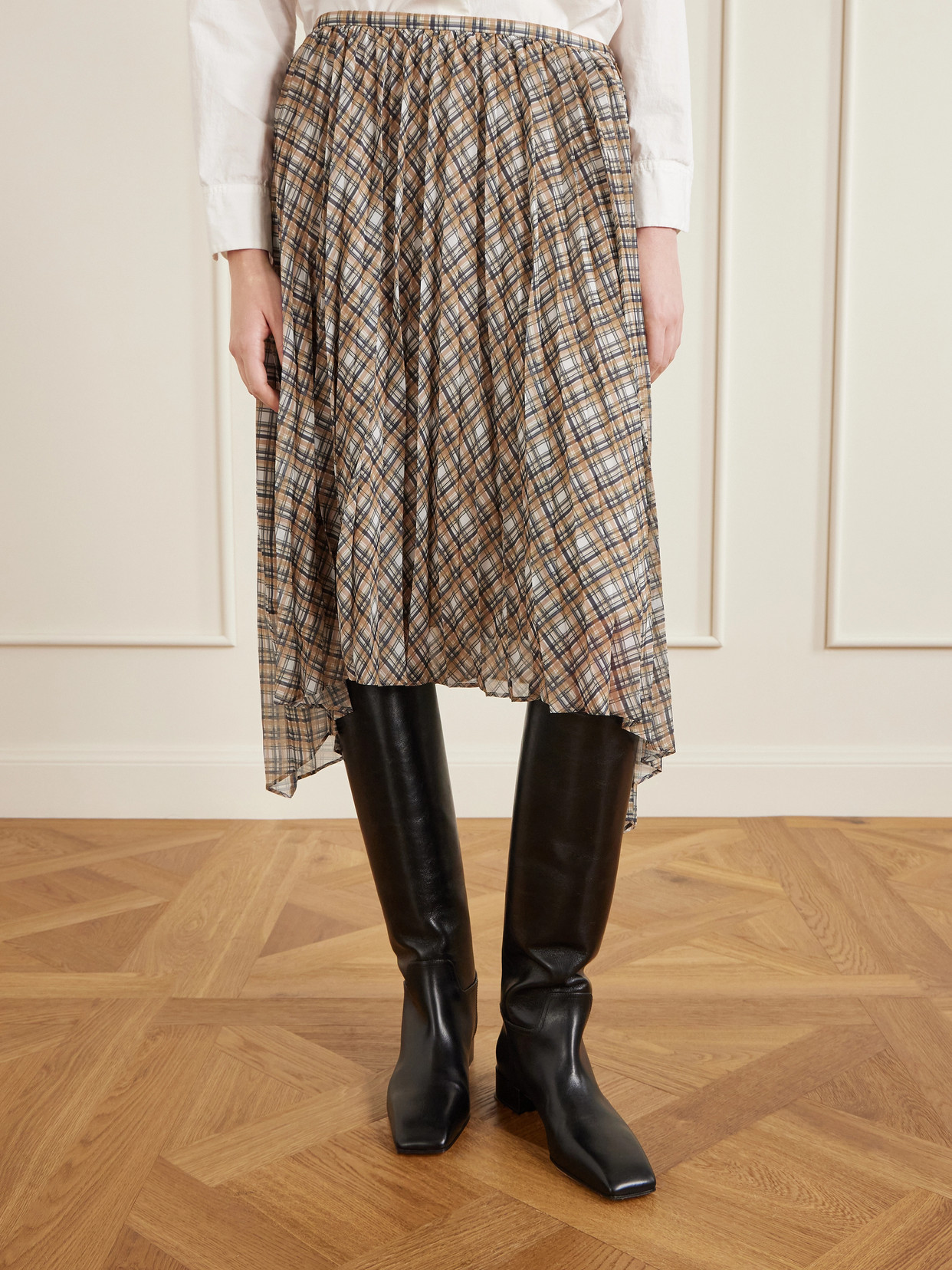 Asymmetric Pleated Checked Chiffon Midi