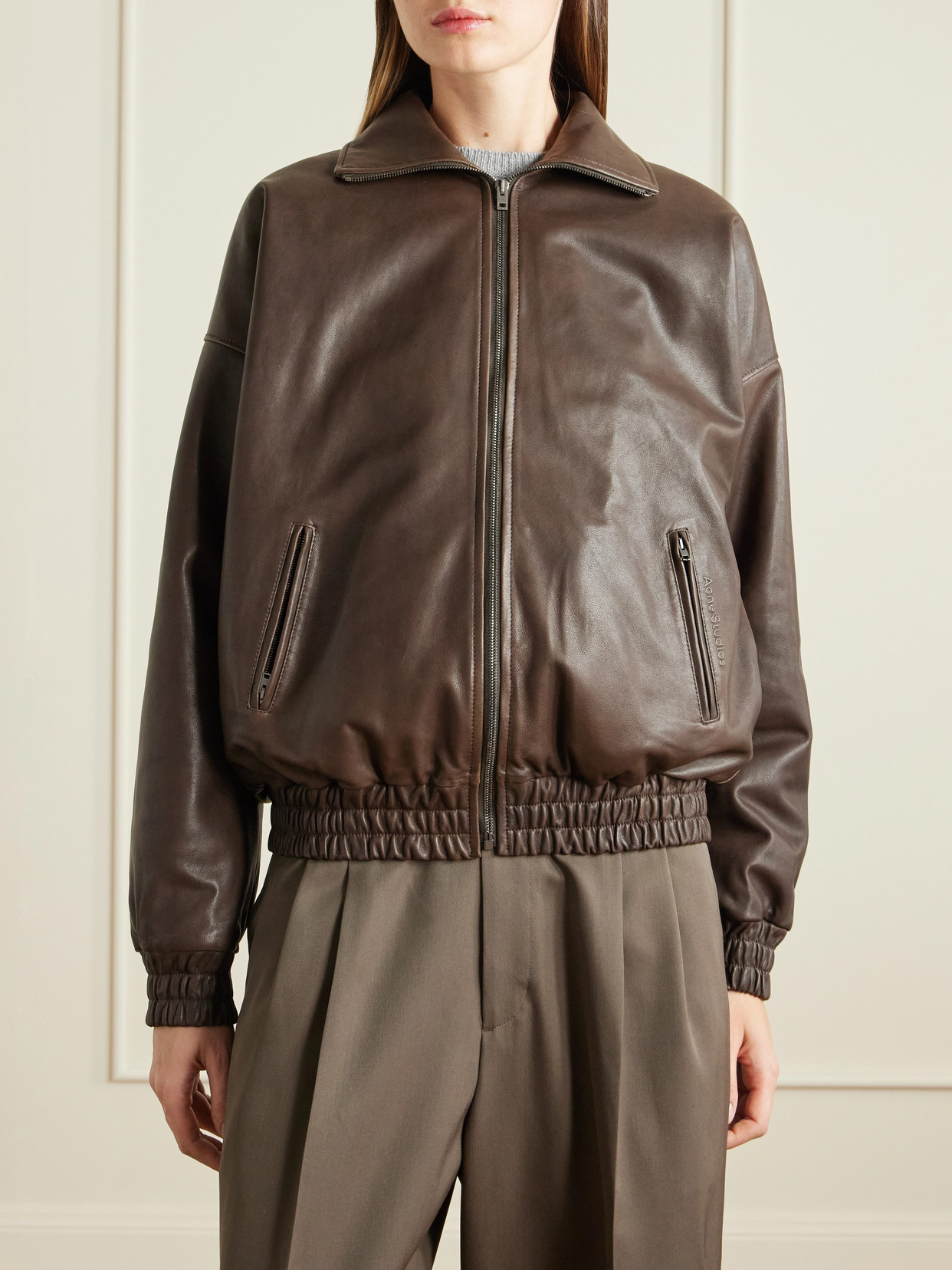 Acne Studios Leather Bomber Jacket In Brown