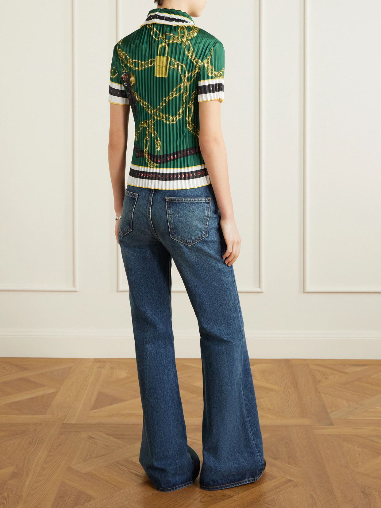 Acne Studios Syndia Pleated Printed Twill Polo Shirt In Green