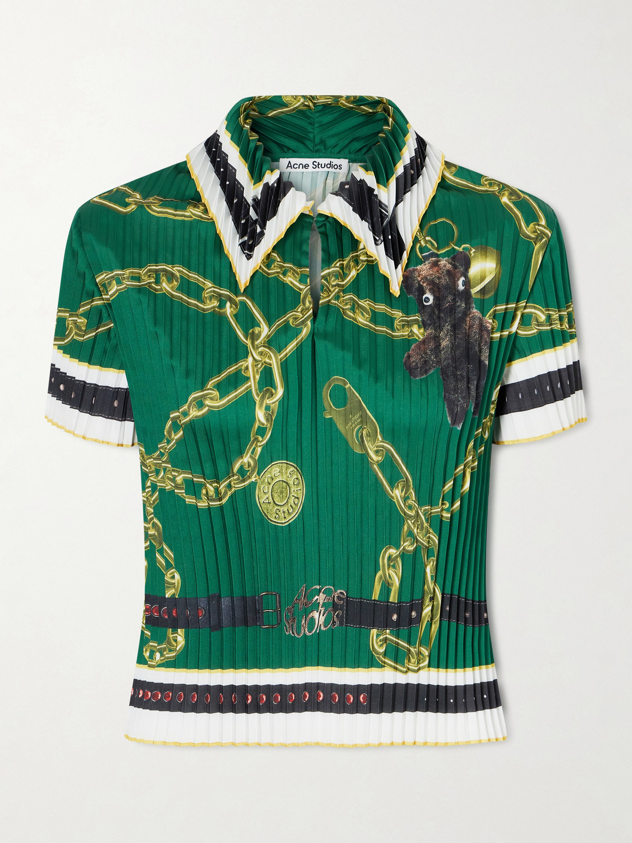 Acne Studios Syndia Pleated Printed Twill Polo Shirt In Green