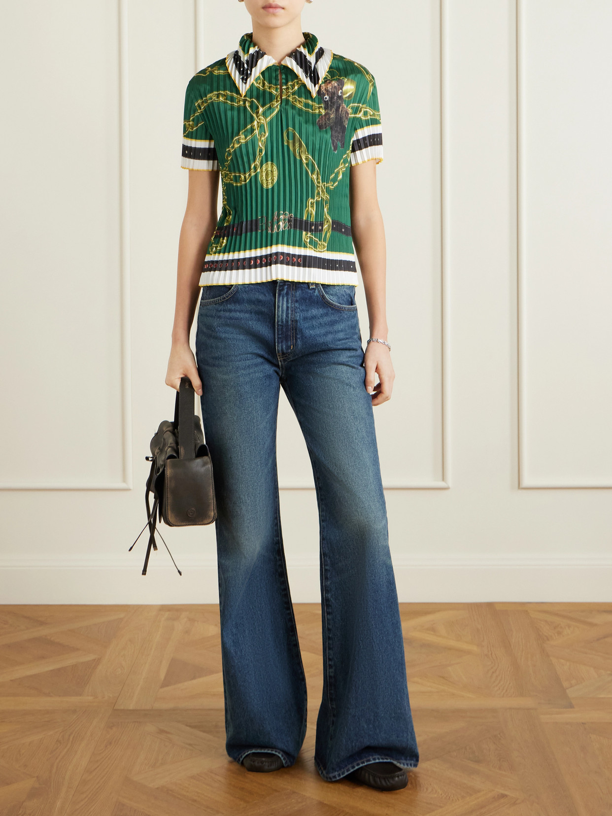 Acne Studios Syndia Pleated Printed Twill Polo Shirt In Green