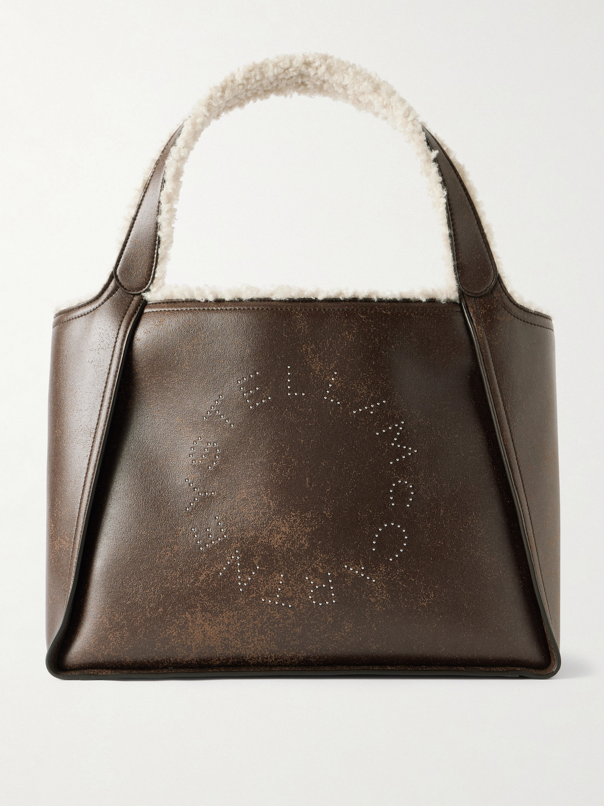 Stella Mccartney Embroidered Fleece-trimmed Vegetarian Tote In Brown