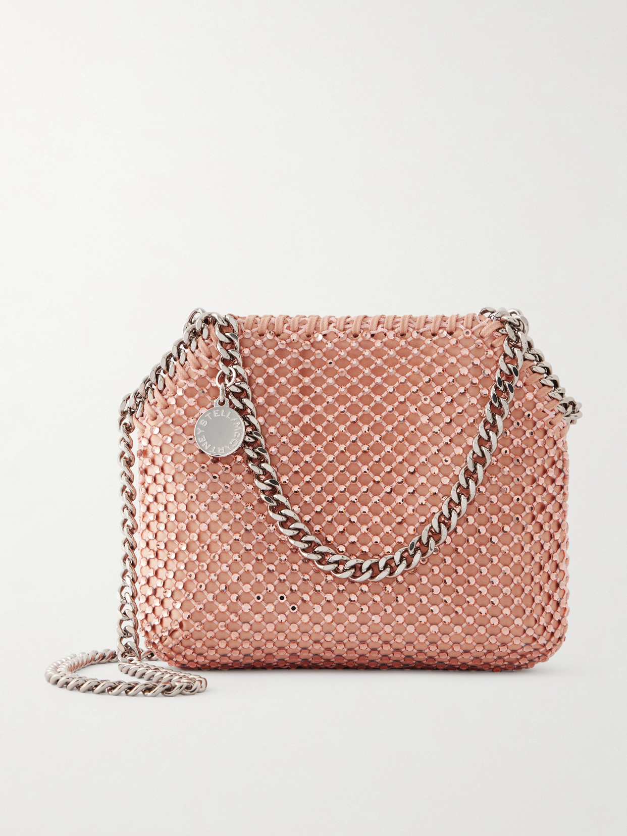 Stella Mccartney Falabella Mini Crystal-embellished Mesh Shoulder Bag In Orange