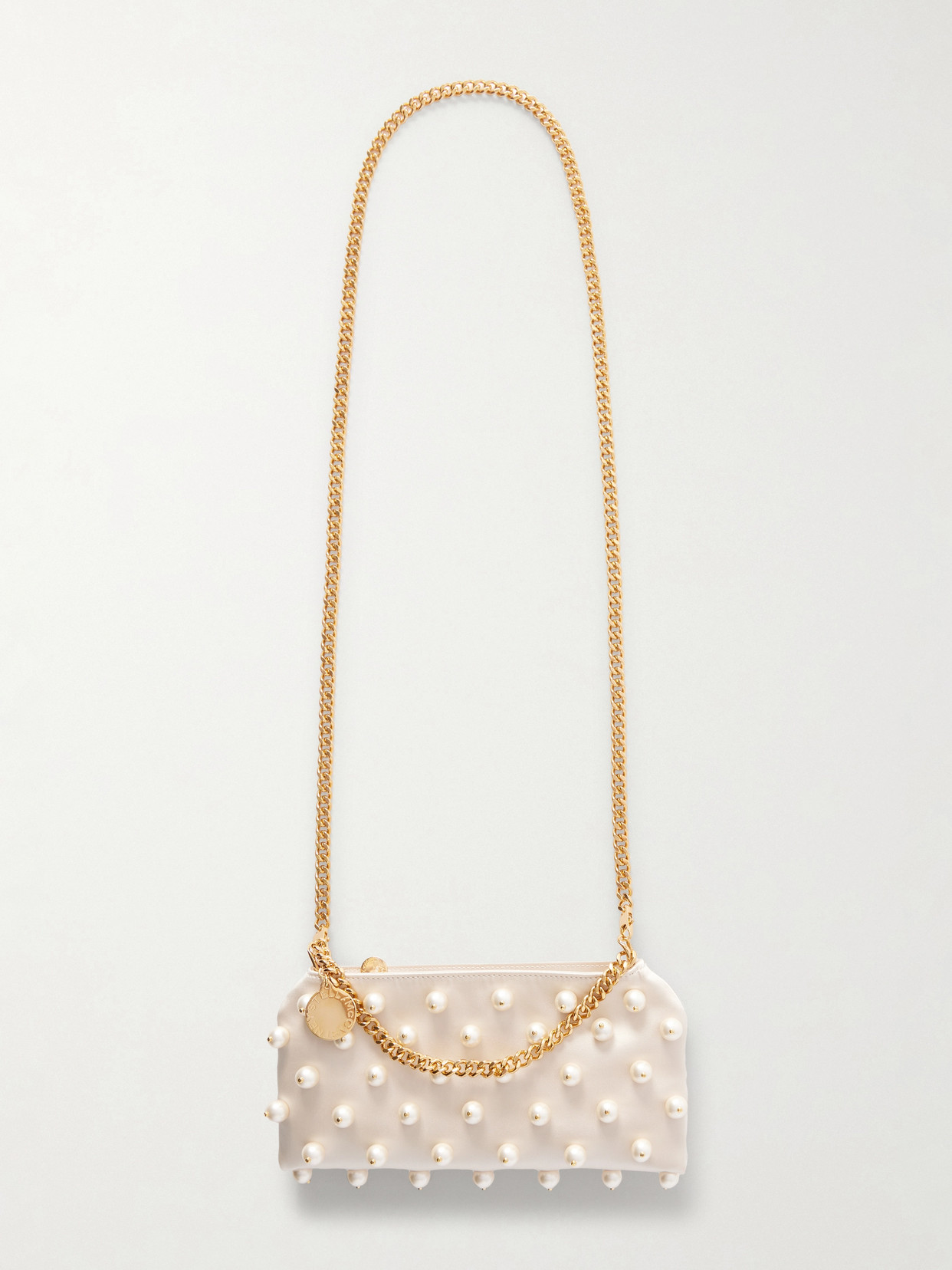 Stella Mccartney Falabella Mini Faux Pearl-embellished Satin Shoulder Bag In White