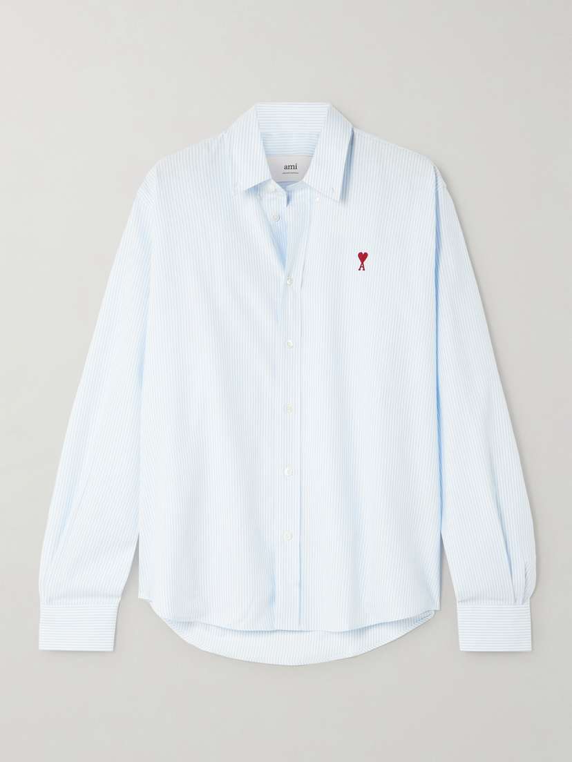 AMI PARIS Embroidered Striped Cotton Oxford Shirt