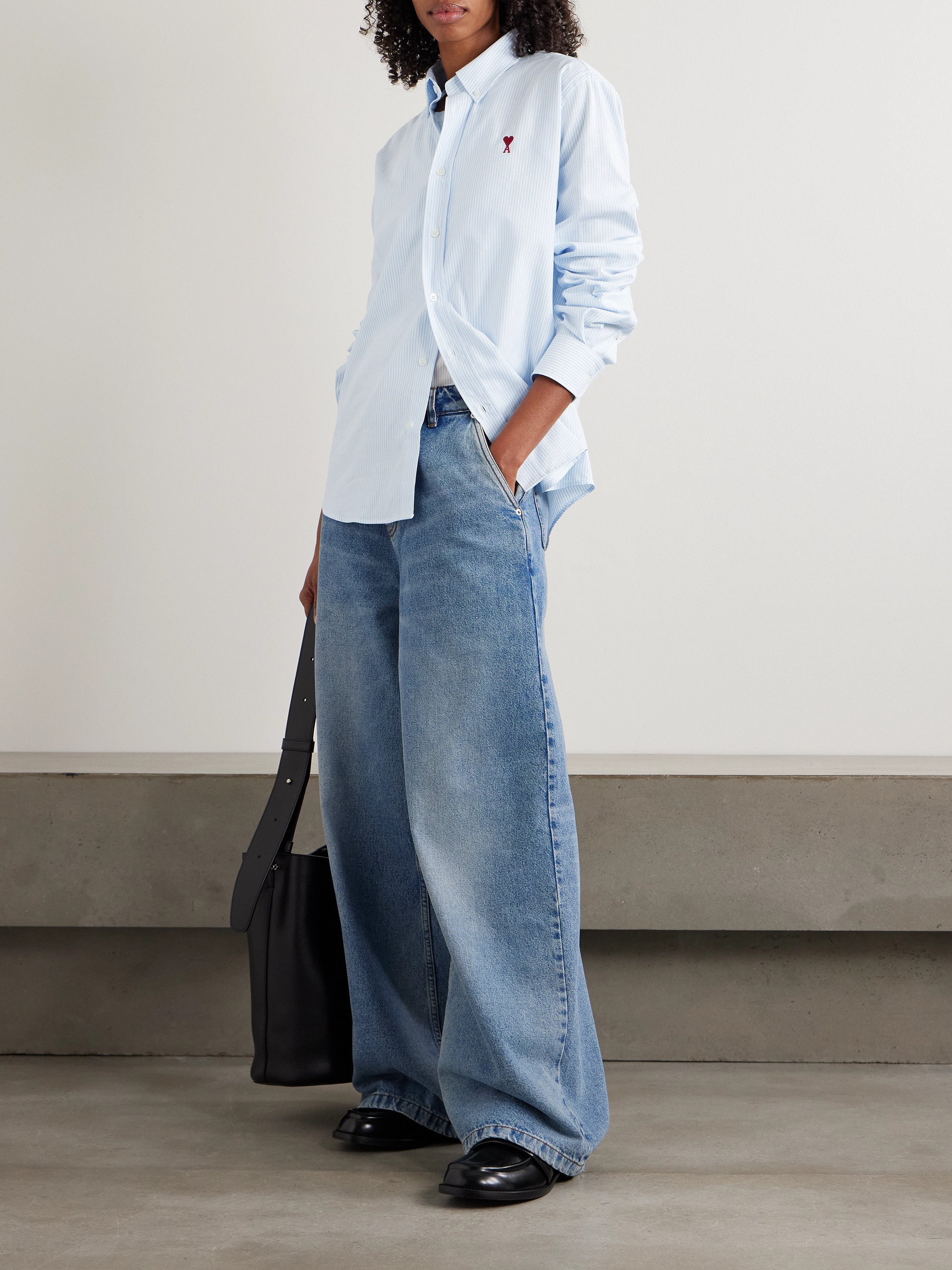 Ami Paris Embroidered striped cotton Oxford shirt