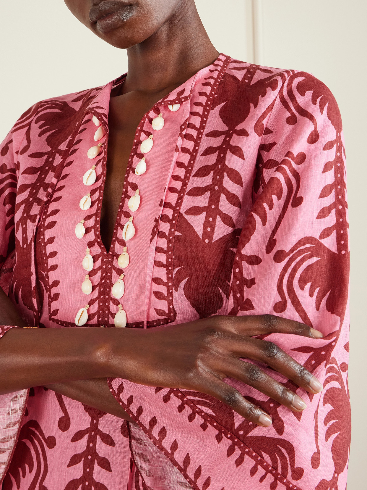 Johanna Ortiz Wild Savannah Shell-embellished Linen Mini Dress In Multi