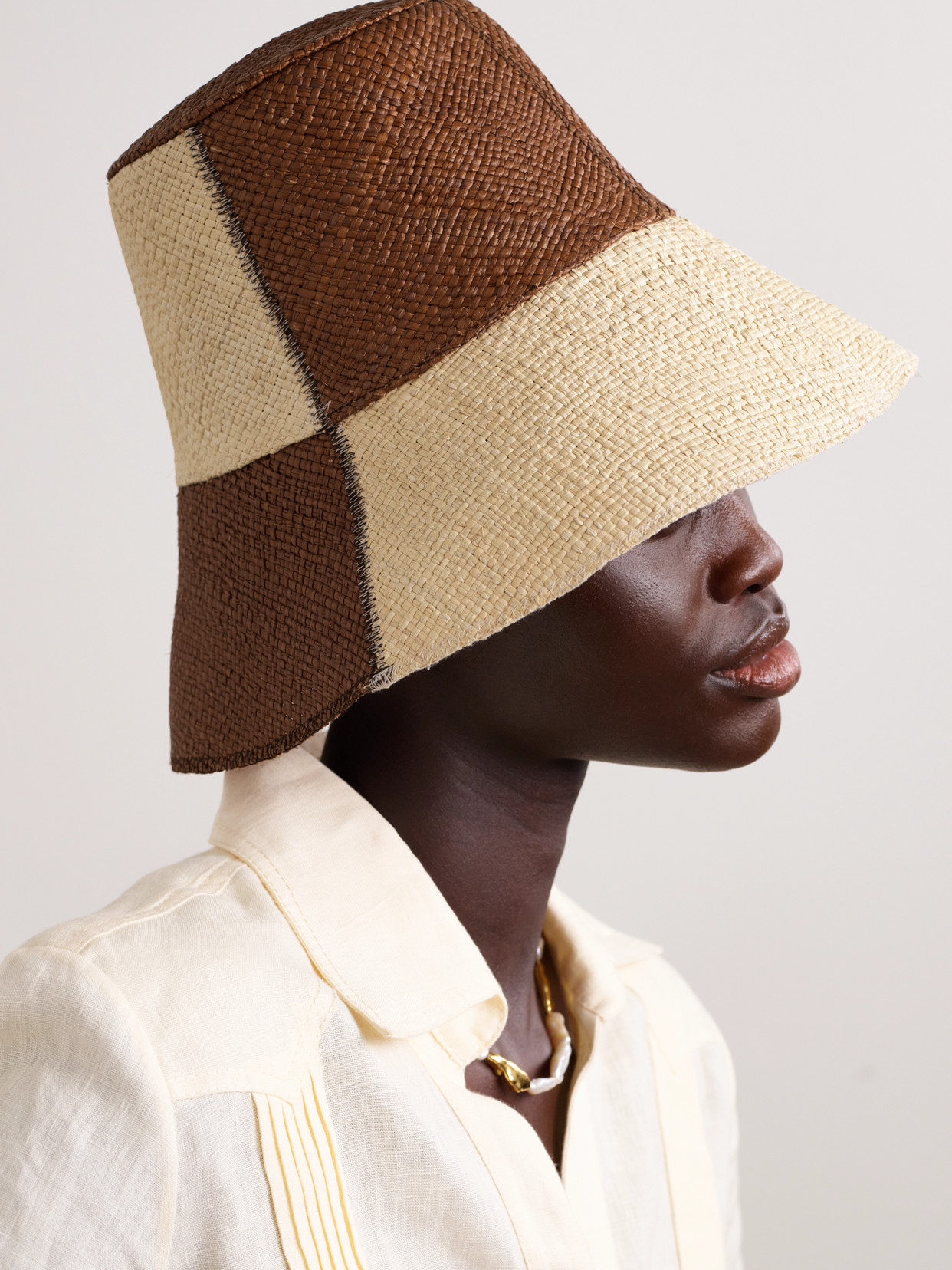 Johanna Ortiz + Artesano Heaven And Earth Checked Straw Bucket Hat In Brown