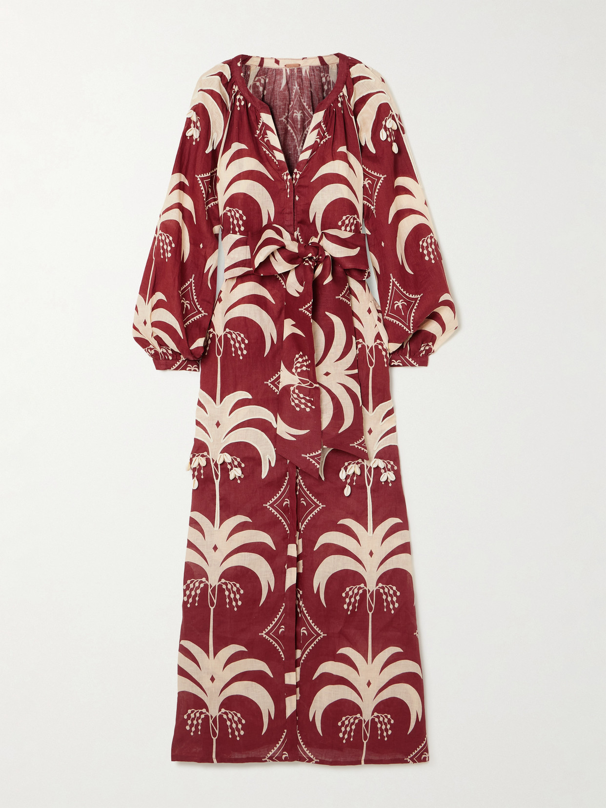 Johanna Ortiz Weaving Waves Belted Embellished Printed Linen Midi Dress In Multi