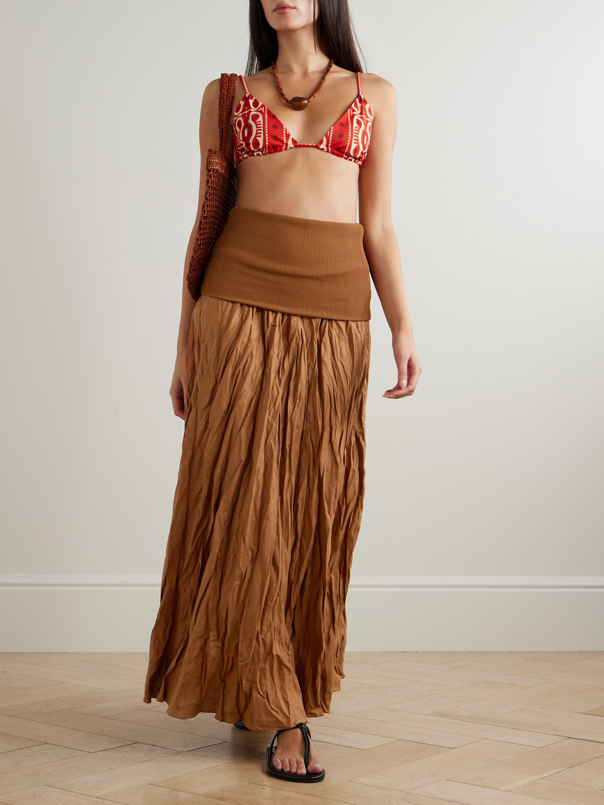 Johanna Ortiz Empowerment Movement Ribbed Knit-trimmed Linen-blend Maxi Skirt In Brown