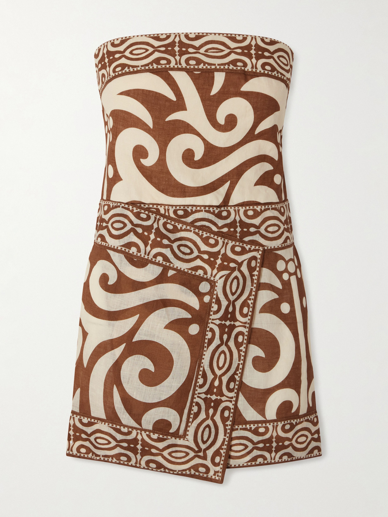 Johanna Ortiz Raiz Ritual Strapless Printed Linen Mini Dress In Brown