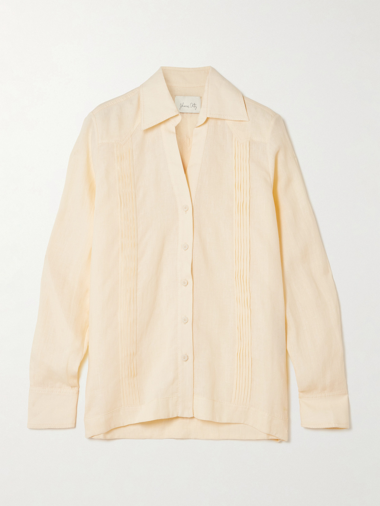 Johanna Ortiz Manly Guayabera Pintucked Organic Linen Shirt In Multi