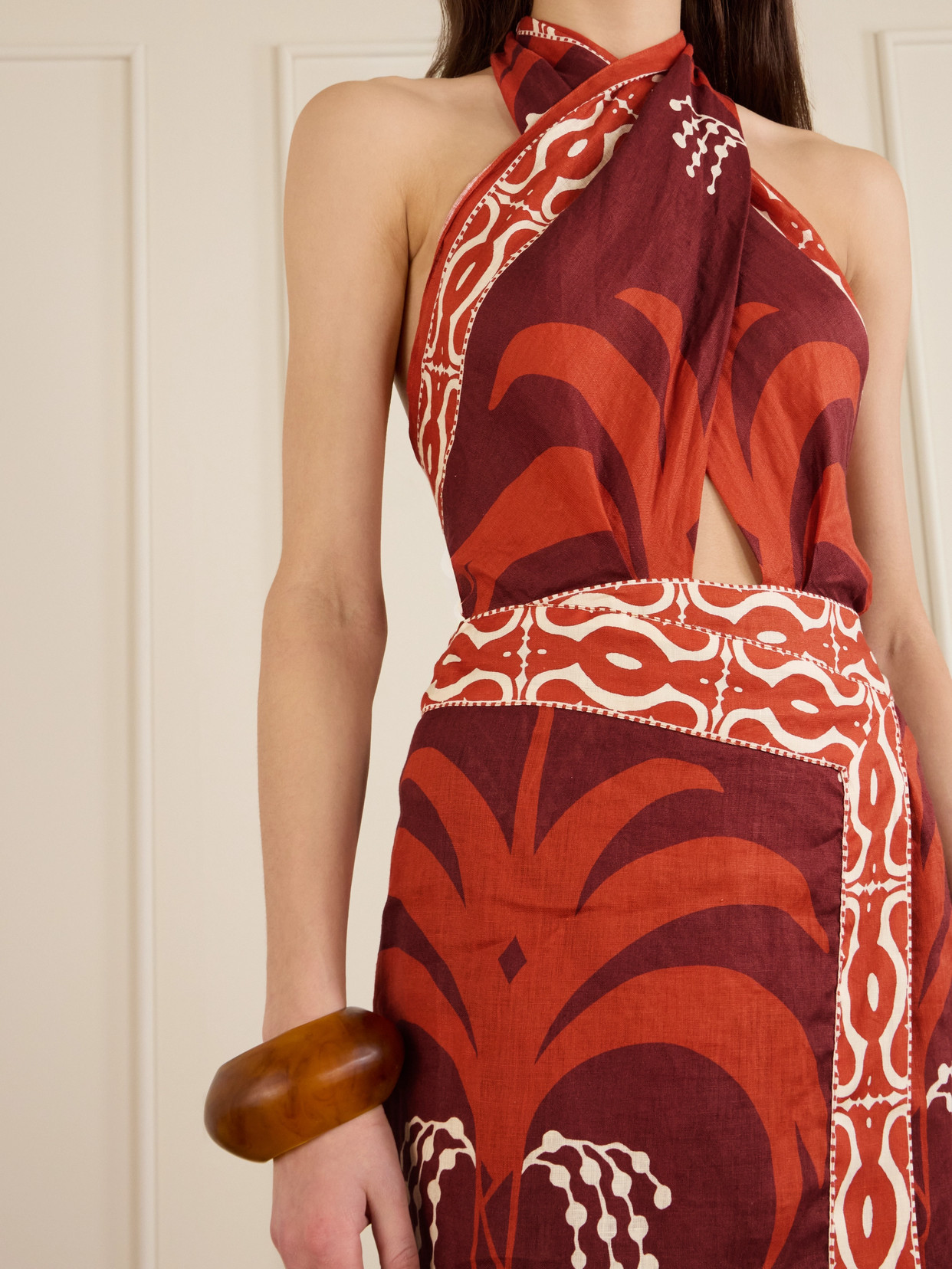 Johanna Ortiz Cutout Printed Linen Halterneck Maxi Dress In Red