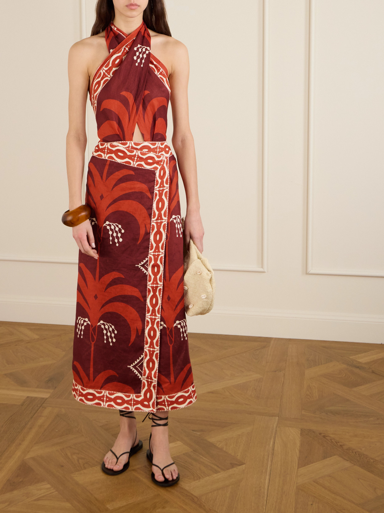 Johanna Ortiz Cutout Printed Linen Halterneck Maxi Dress In Red