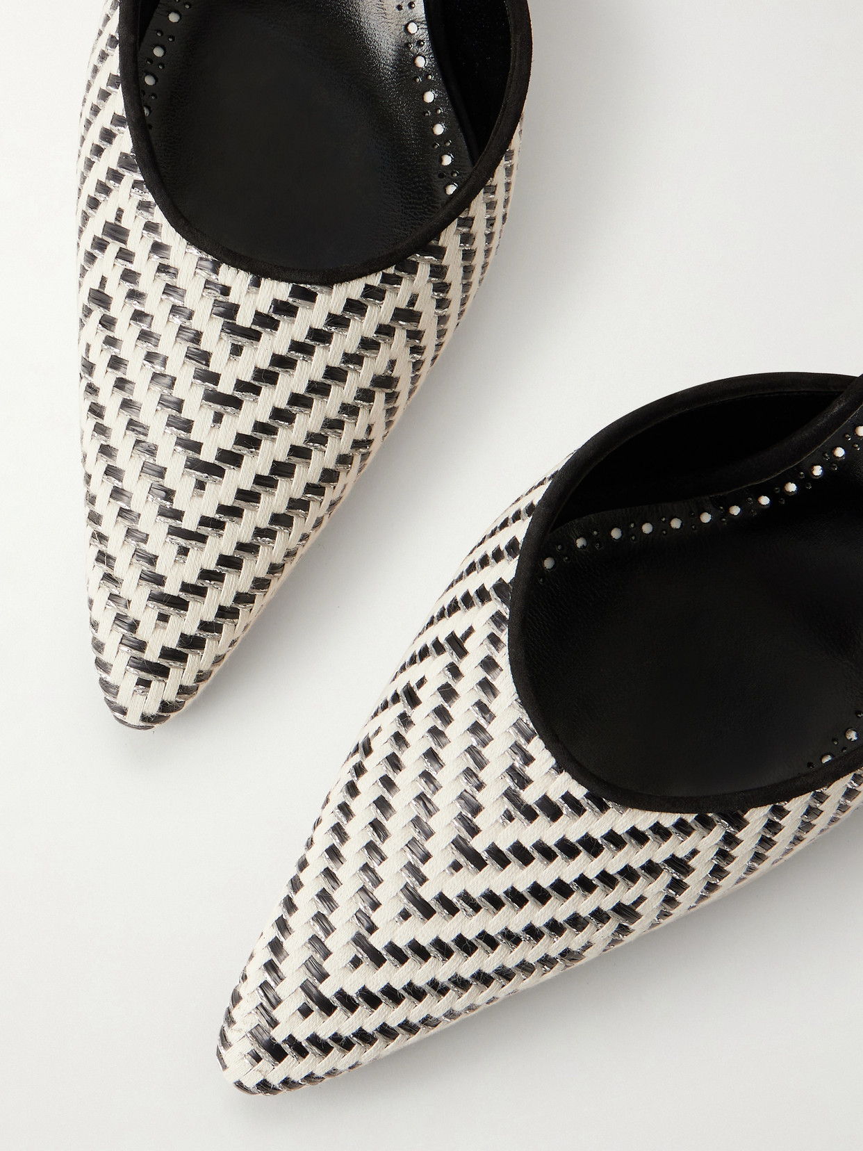 Carolyne 50 Suede-Trimmed Metallic Woven Raffia Mules