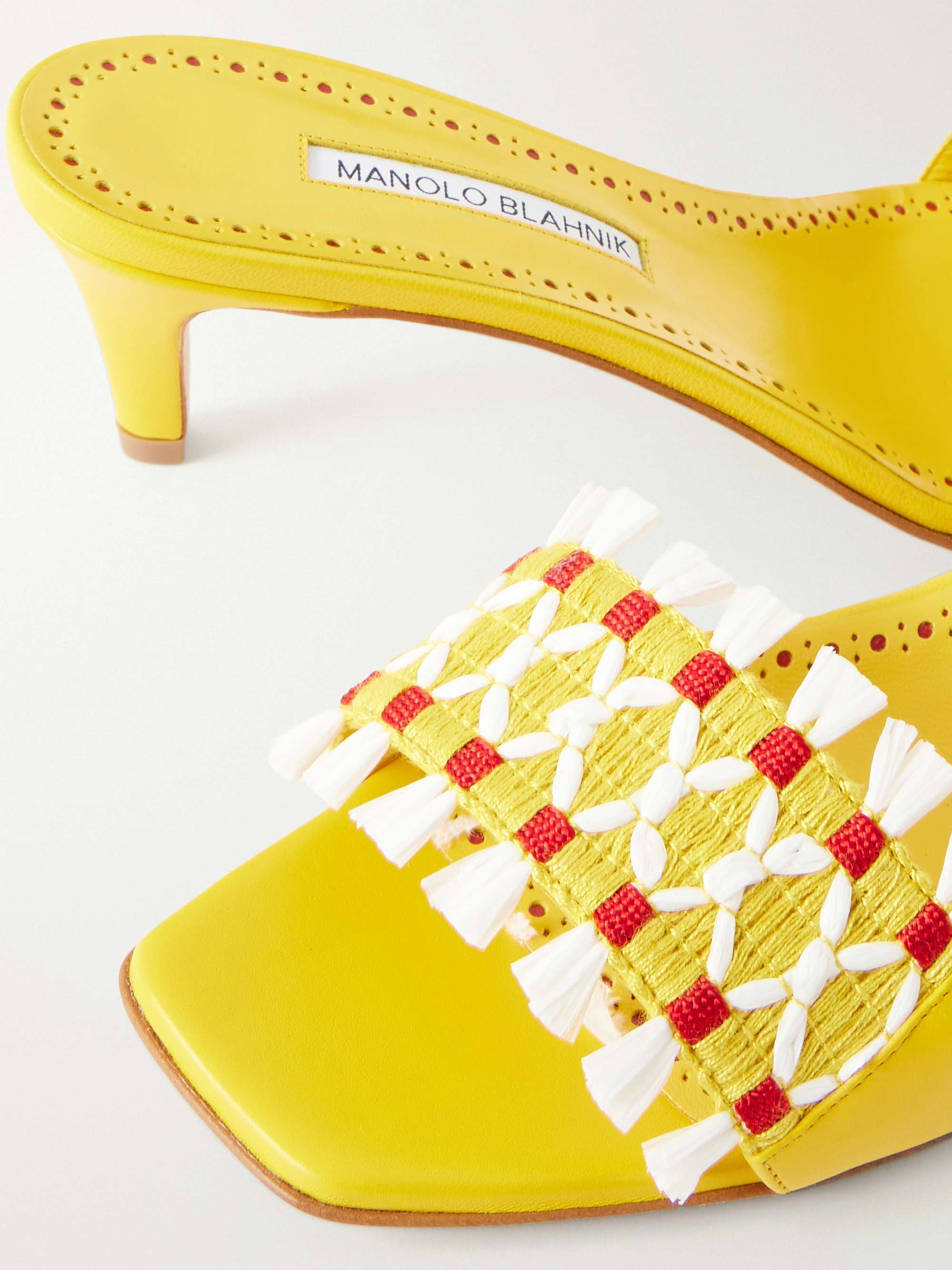 MANOLO BLAHNIK Moremu 50 raffia-trimmed leather mules | NET-A-PORTER