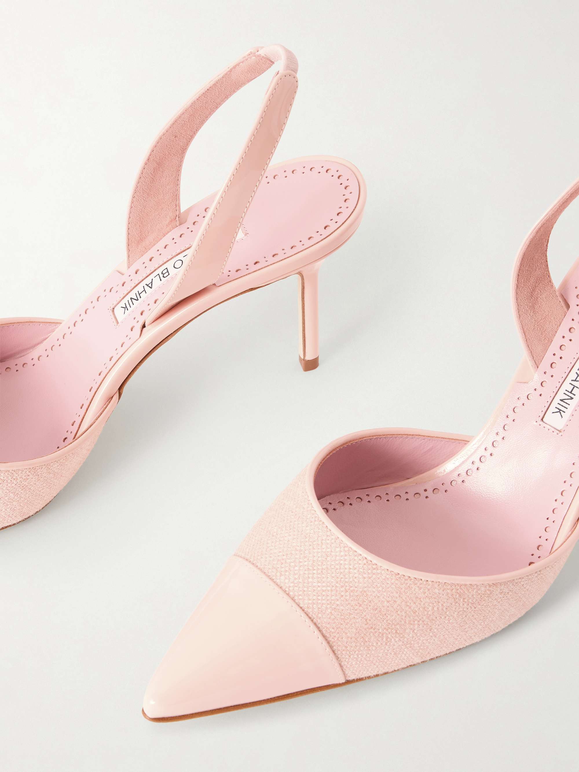 MANOLO BLAHNIK Capsli 70 canvas and patent-leather slingback pumps MANOLO BLAHNIK Capsli 70 canvas and patent-leather slingback pumps