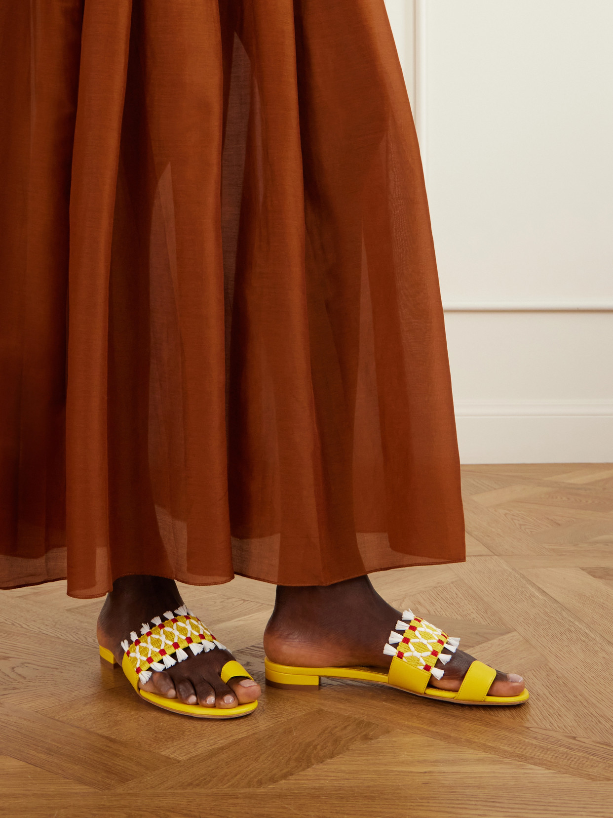 Brava Raffia-Trimmed Crocheted Sandals