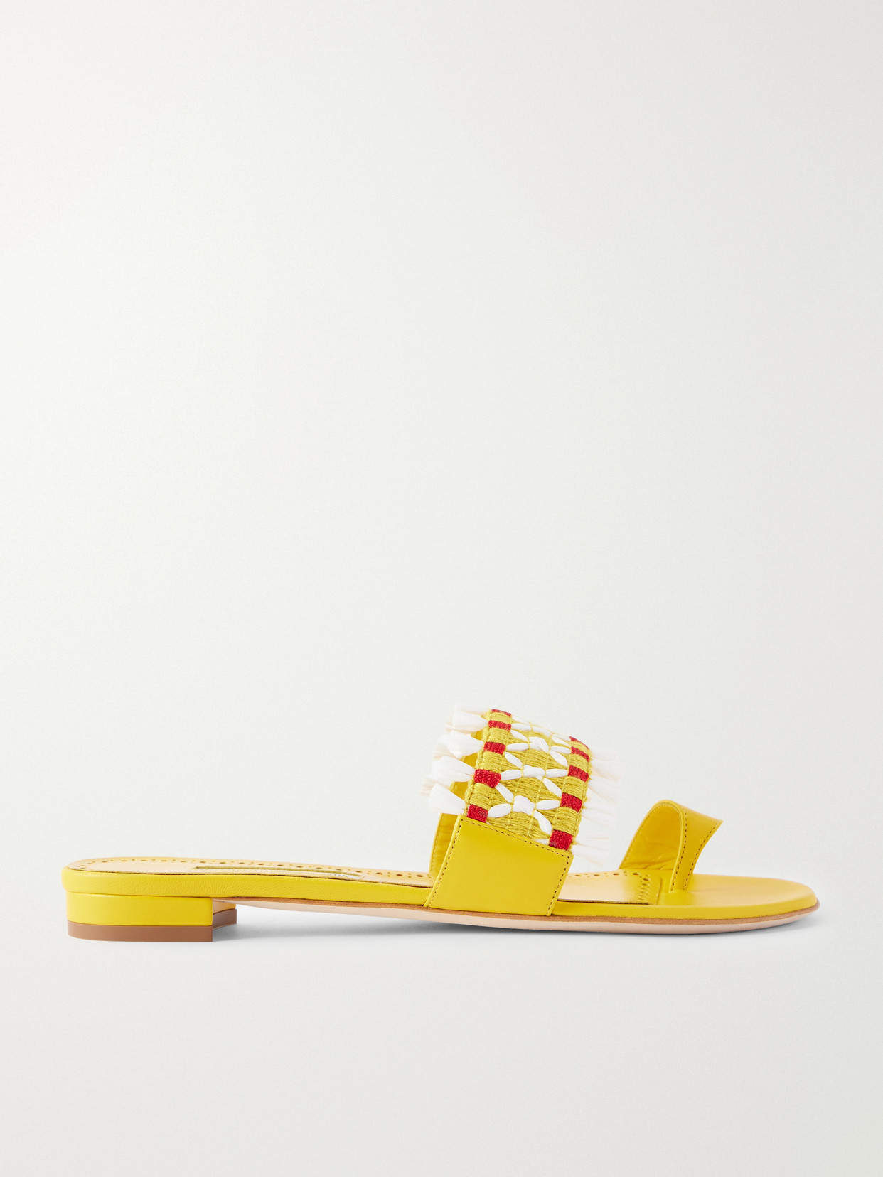 Brava Raffia-Trimmed Crocheted Sandals