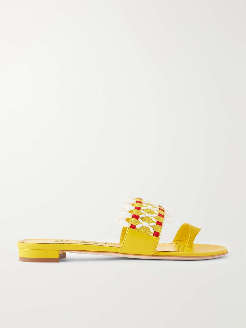 Manolo Blahnik Brava Raffia-trimmed Crocheted Leather Sandals