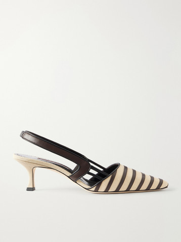 MANOLO BLAHNIK Pelas 50 leather-trimmed canvas slingback pumps