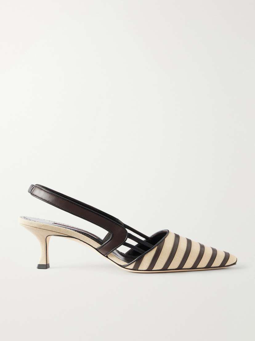 Manolo Blahnik Pelas 50 Leather-trimmed Canvas Slingback Pumps