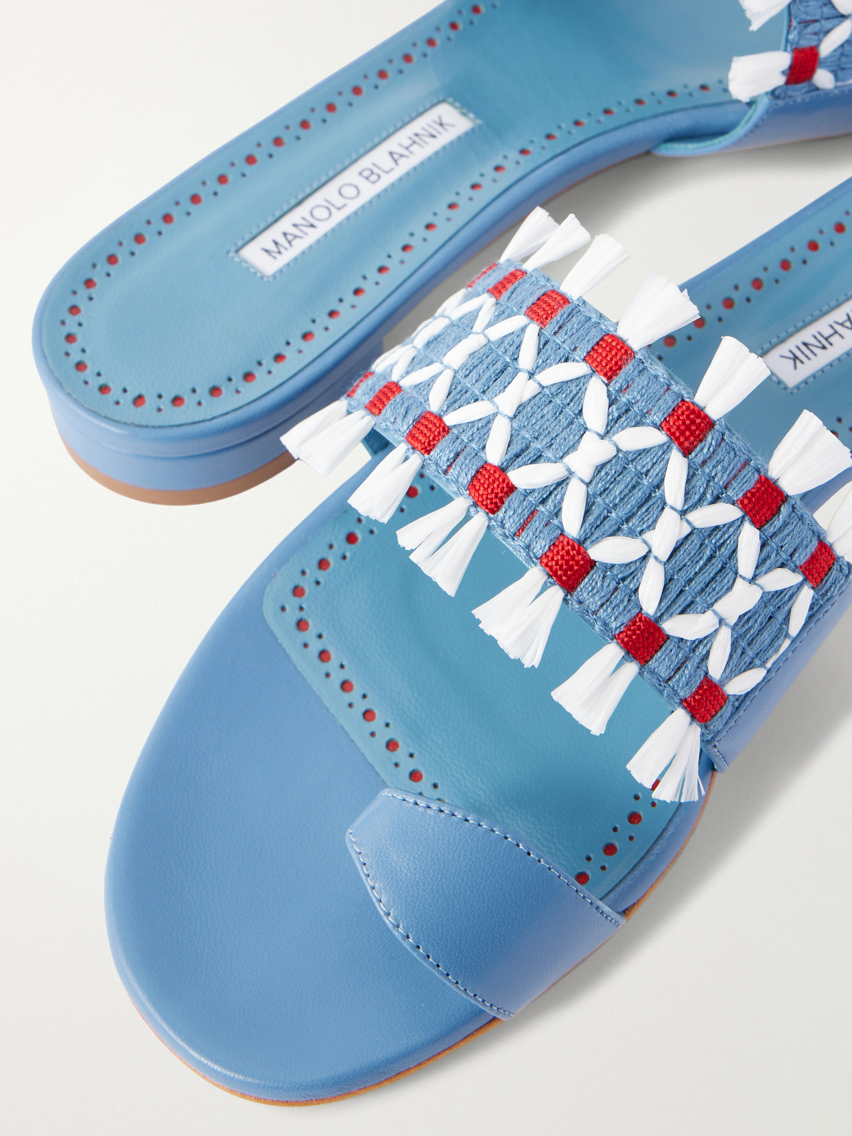 Brava Raffia-Trimmed Crocheted Sandals
