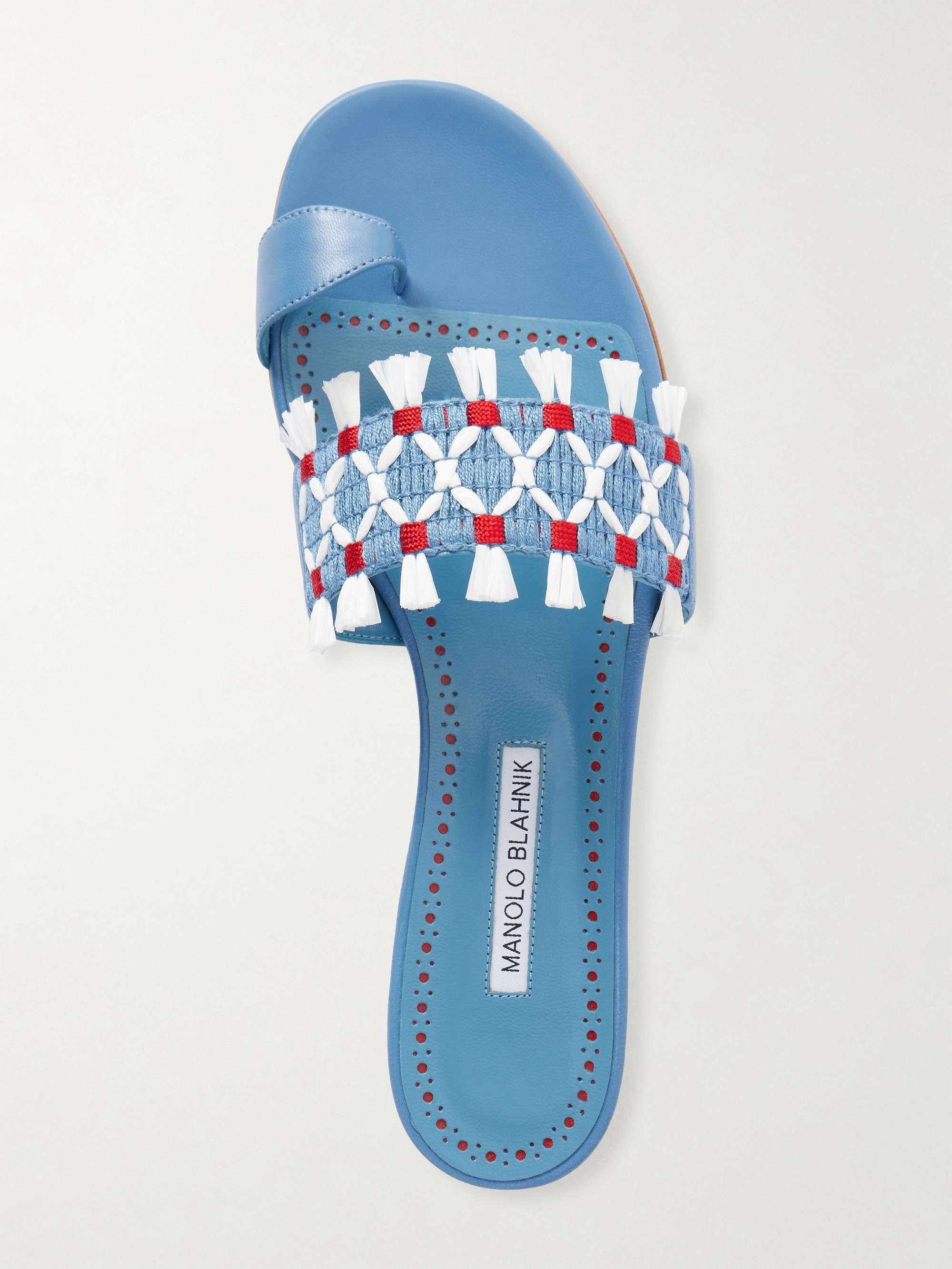 MANOLO BLAHNIK Brava raffia-trimmed crocheted leather sandals