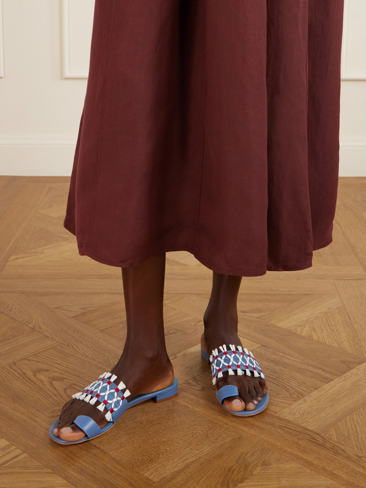 Brava Raffia-Trimmed Crocheted Sandals