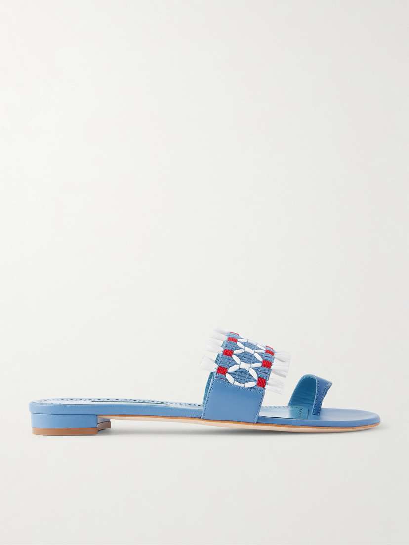 Manolo Blahnik Brava Raffia-trimmed Crocheted Leather Sandals