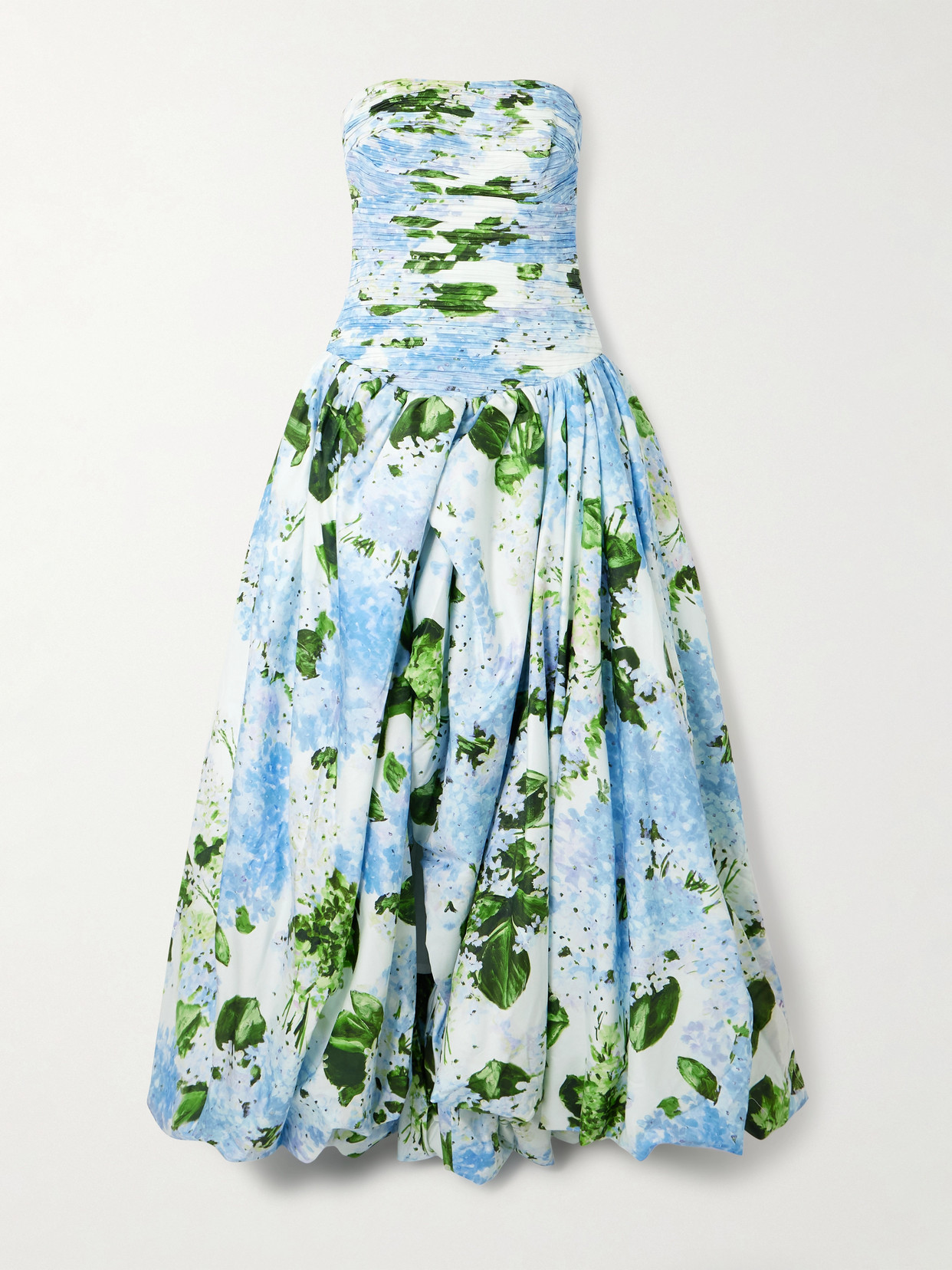 Aje Behold Strapless Ruched Floral-print Cotton-poplin Gown In Blue