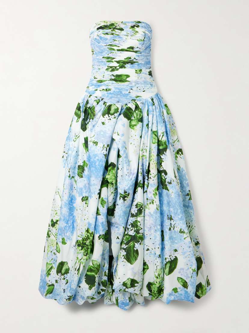Aje Behold Strapless Ruched Floral-print Cotton-poplin Gown
