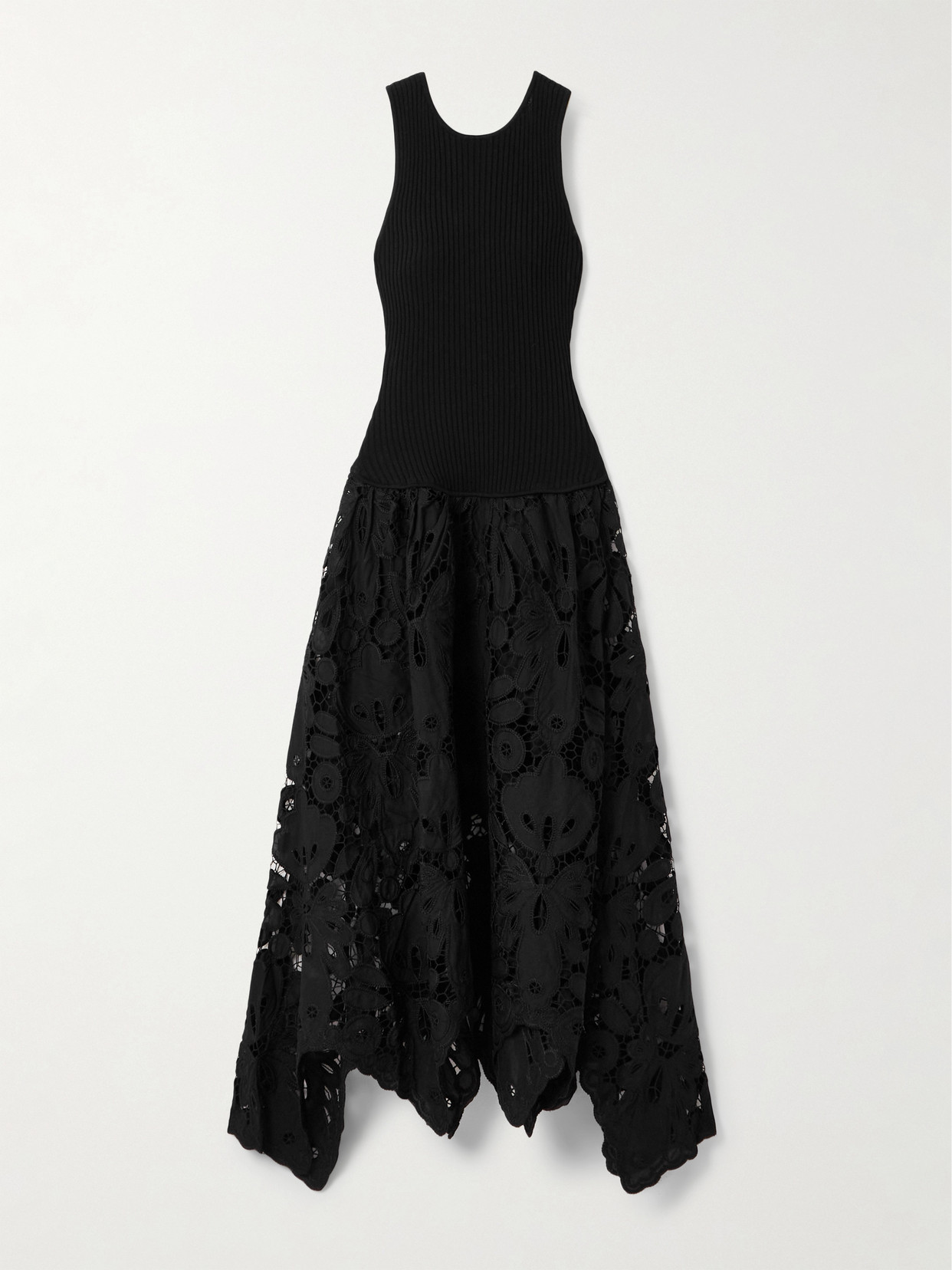 Aje Atlas Asymmetric Ribbed-knit And Guipure Lace Midi Dress In Black