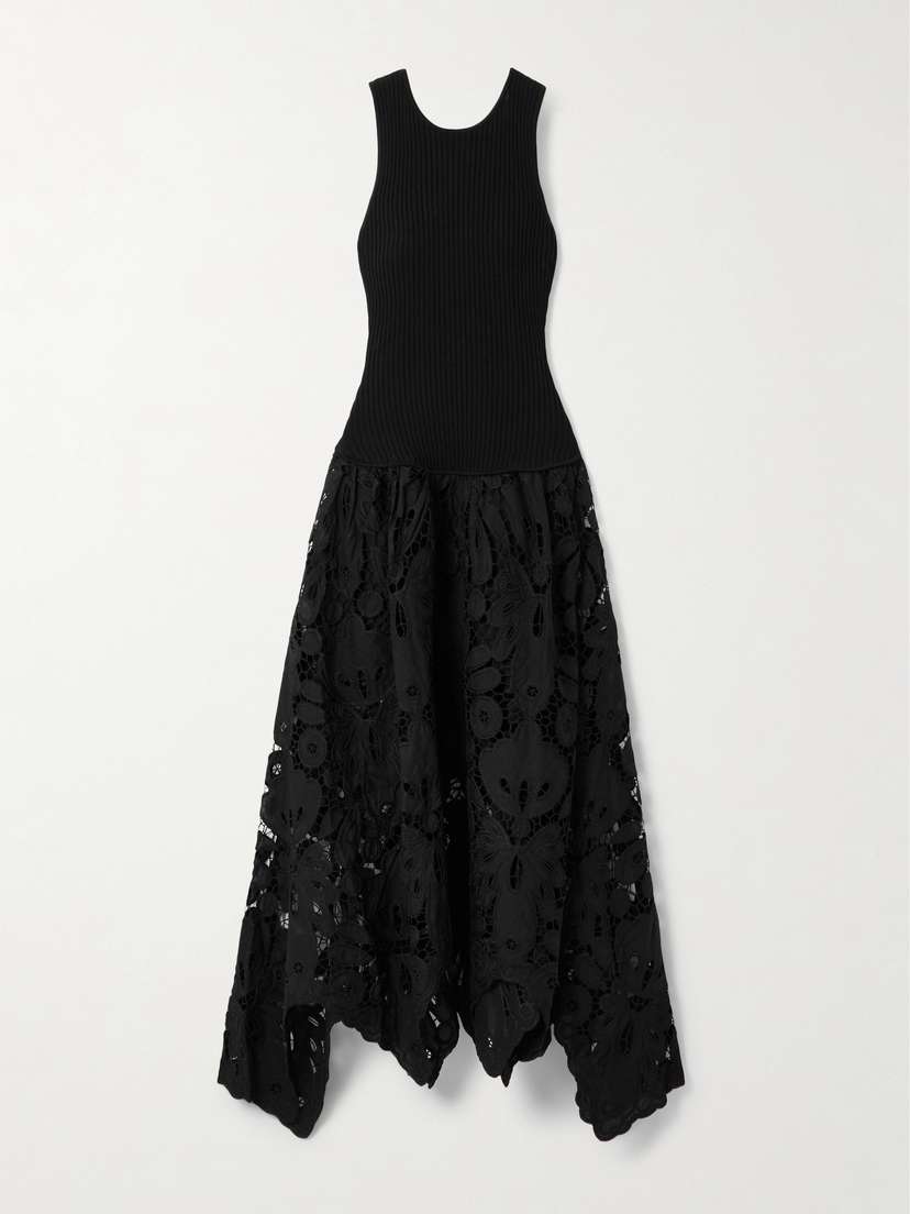 Aje Atlas Asymmetric Ribbed-knit And Guipure Lace Midi Dress