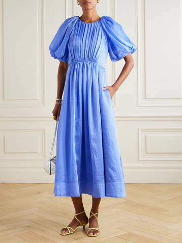 Aje Alma gathered TENCEL™ Lyocell and linen-blend midi dress