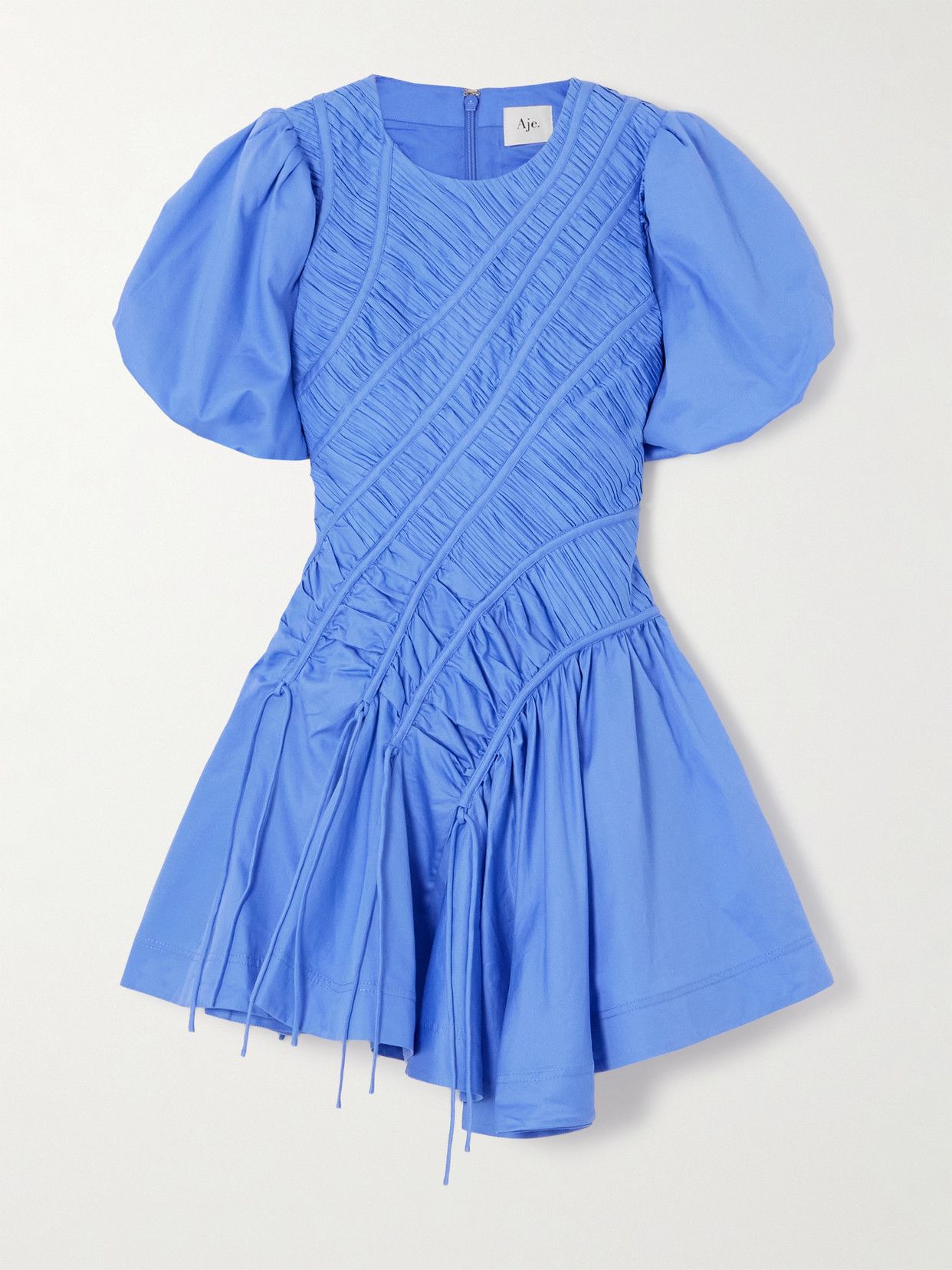 Aje Wisteria Asymmetric Ruched Pleated Cotton-poplin Mini Dress In Blue