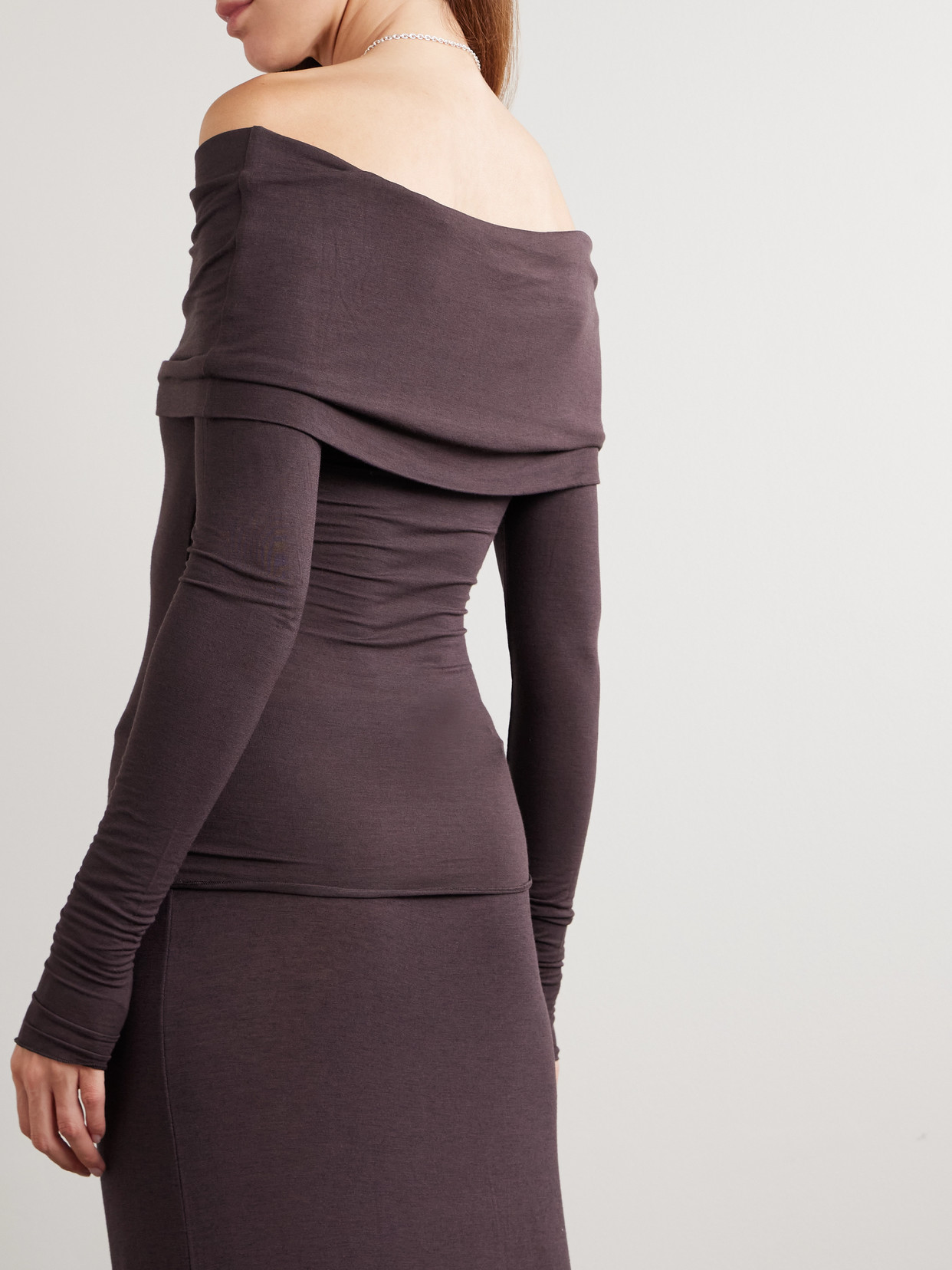 Skims Sheer Modal-blend Off-shoulder Long-sleeve Top In Purple