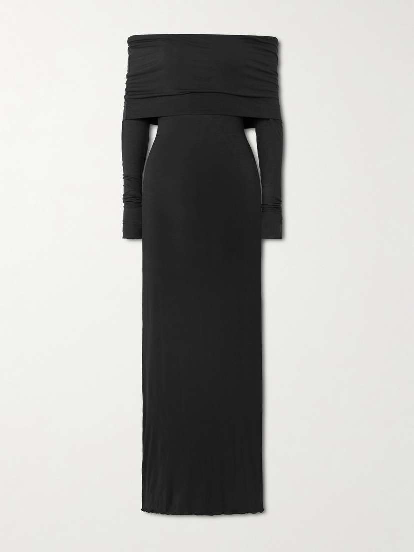 Skims Sheer Modal-blend Off Shoulder Long Dress - Onyx