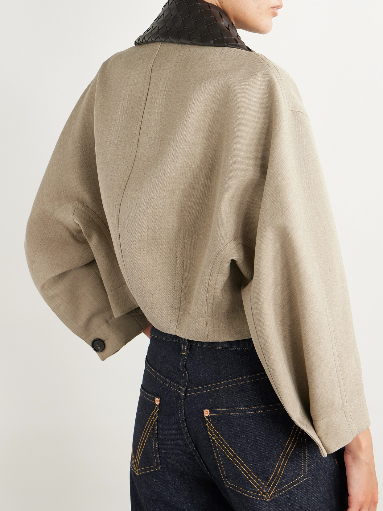Bottega Veneta Cropped Intrecciato Leather-trimmed Wool-twill Jacket In Neutral