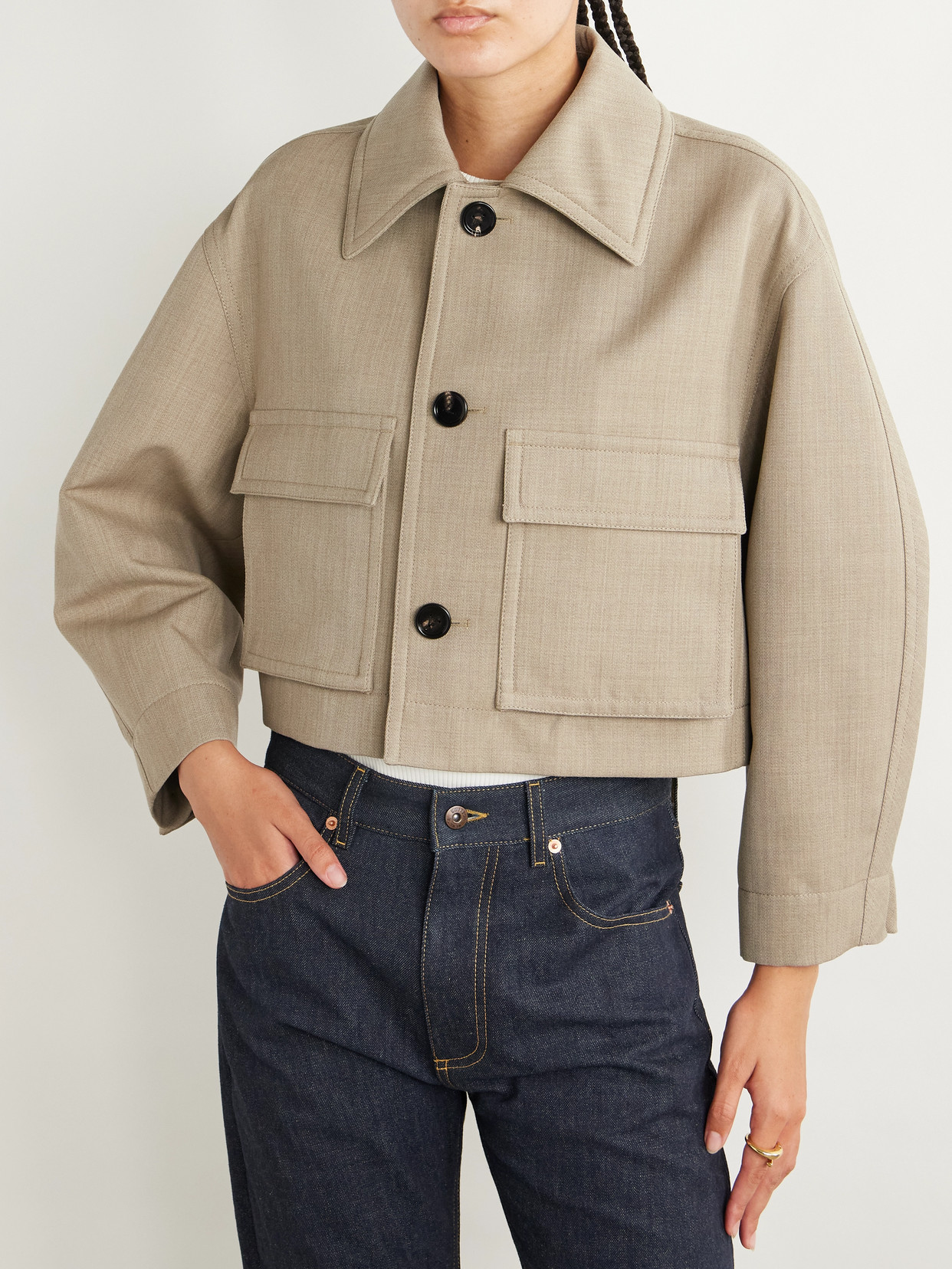Bottega Veneta Cropped Intrecciato Leather-trimmed Wool-twill Jacket In Neutral